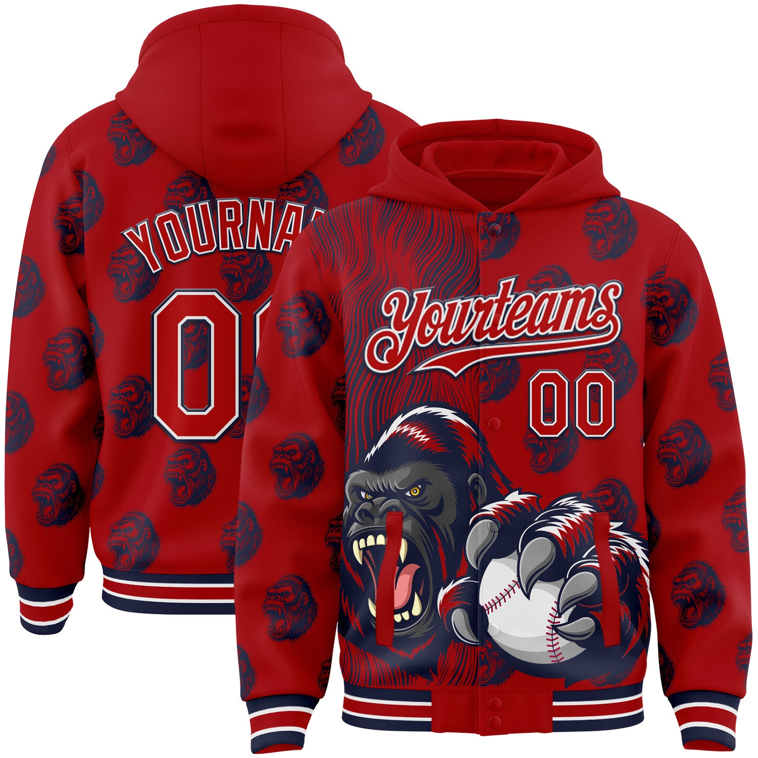 FansIdea Custom Red Navy-White Gorilla Bomber Full-Snap Varsity Letterman Hoodie Jacket - $38.99 at Proof Eyewear