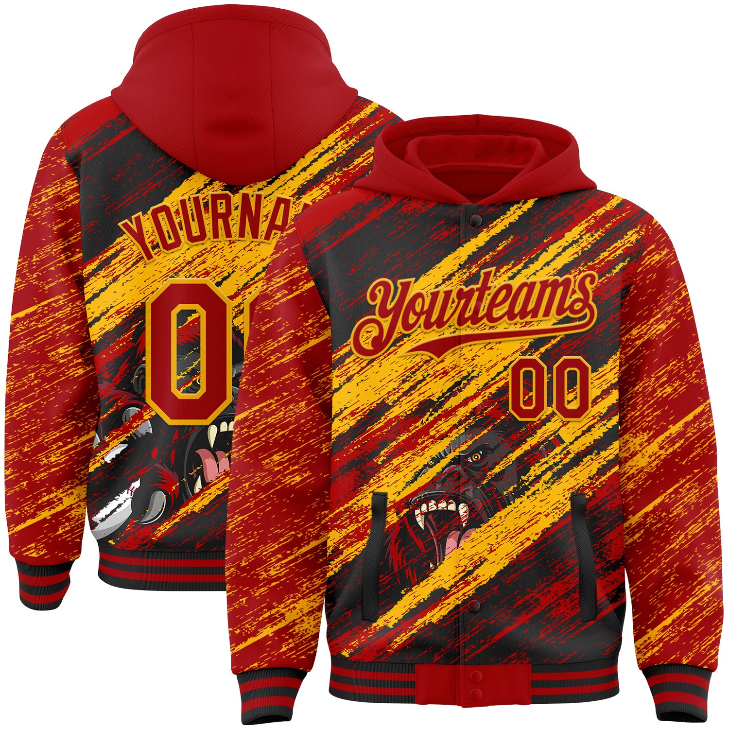 FansIdea Custom Red Black-Gold Gorilla Scratch Brush Stroke Bomber Full-Snap Varsity Letterman Hoodie Jacket - $38.99 at Proof Eyewear