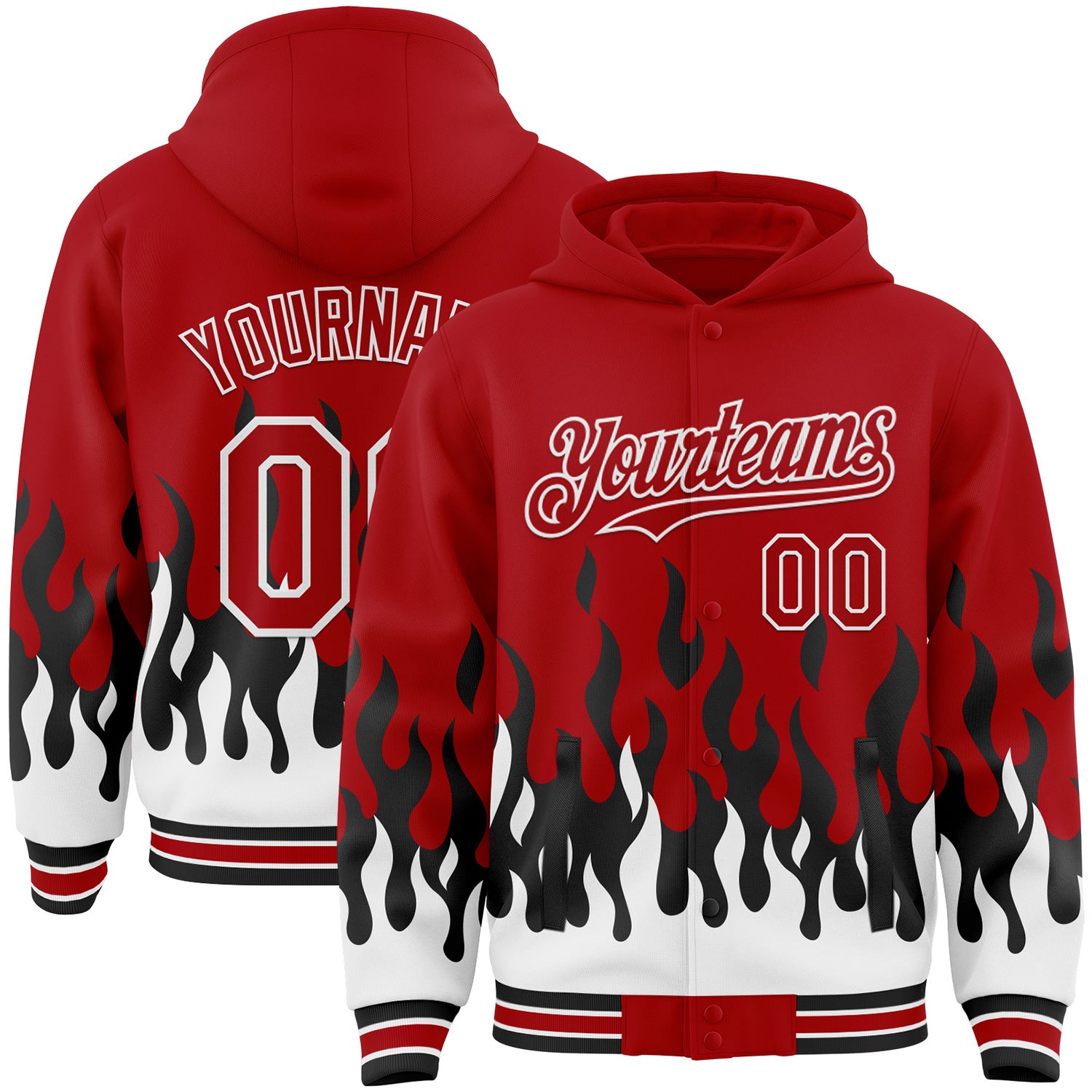 FansIdea Custom Red Black-White Fire Flame Bomber Full-Snap Varsity Letterman Hoodie Jacket - $38.99 at Proof Eyewear
