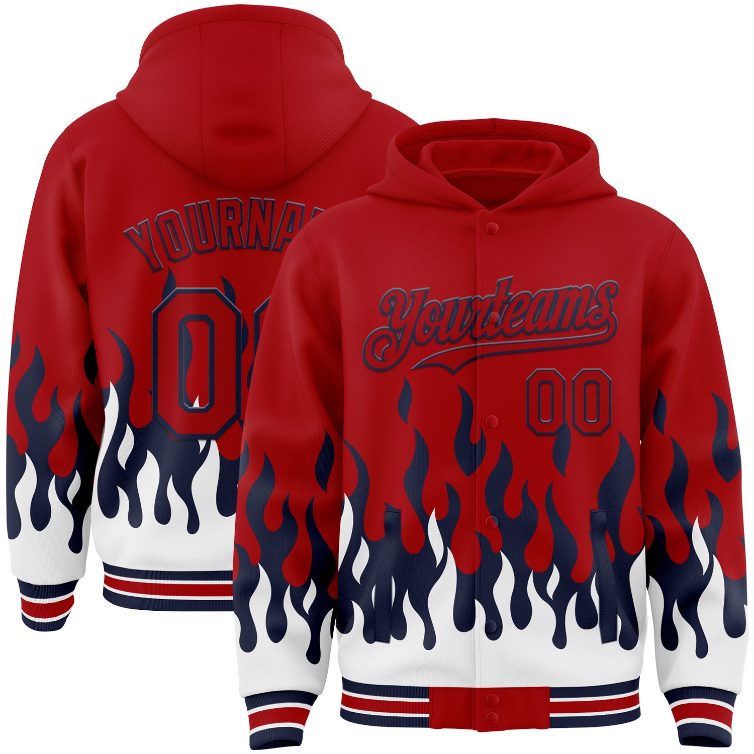 FansIdea Custom Red Navy-White Fire Flame Bomber Full-Snap Varsity Letterman Hoodie Jacket - $38.99 at Proof Eyewear