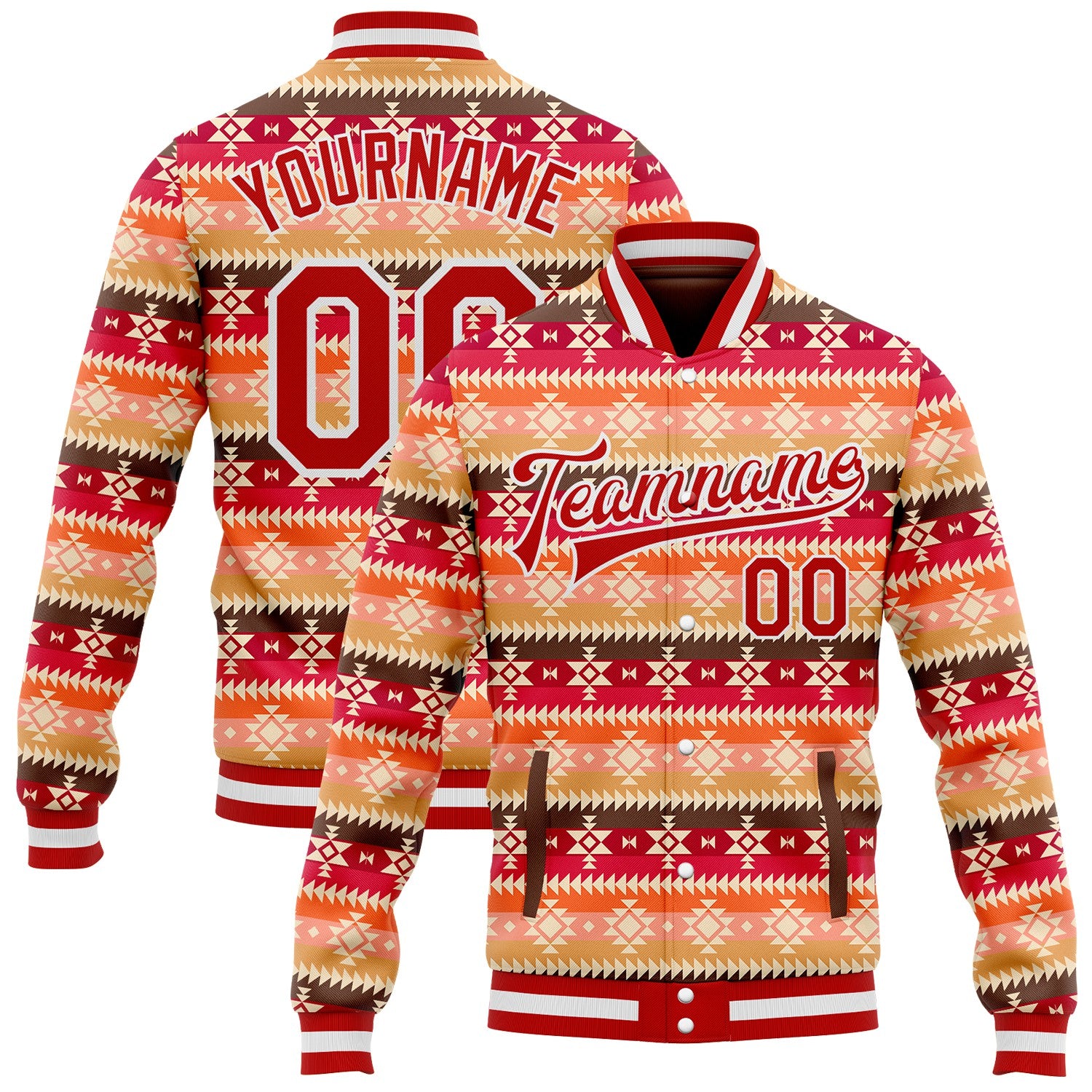 FansIdea Custom Red-White Southwestern Geometric Aztec Bomber Full-Snap Varsity Letterman Jacket - $38.99 at Proof Eyewear