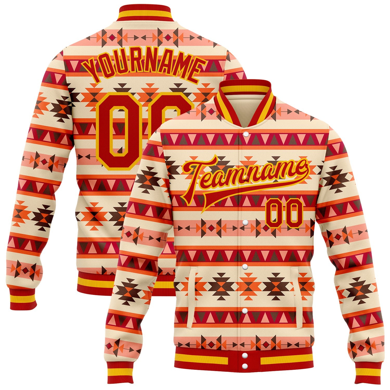FansIdea Custom Red Gold-White Southwestern Geometric Aztec Bomber Full-Snap Varsity Letterman Jacket - $38.99 at Proof Eyewear