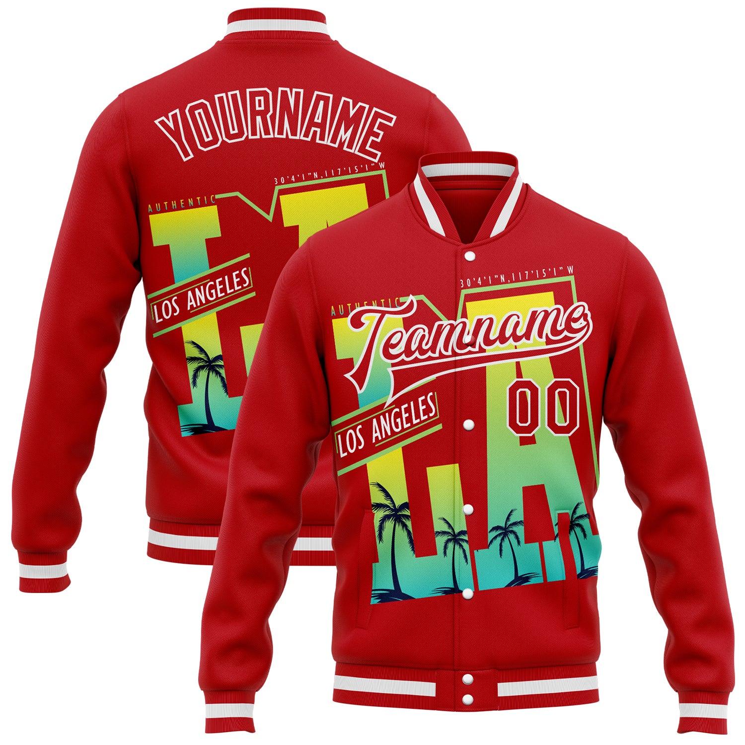 FansIdea Custom Red-White Los Angeles Tropical Palm Trees Bomber Full-Snap Varsity Letterman Jacket - $38.99 at Proof Eyewear