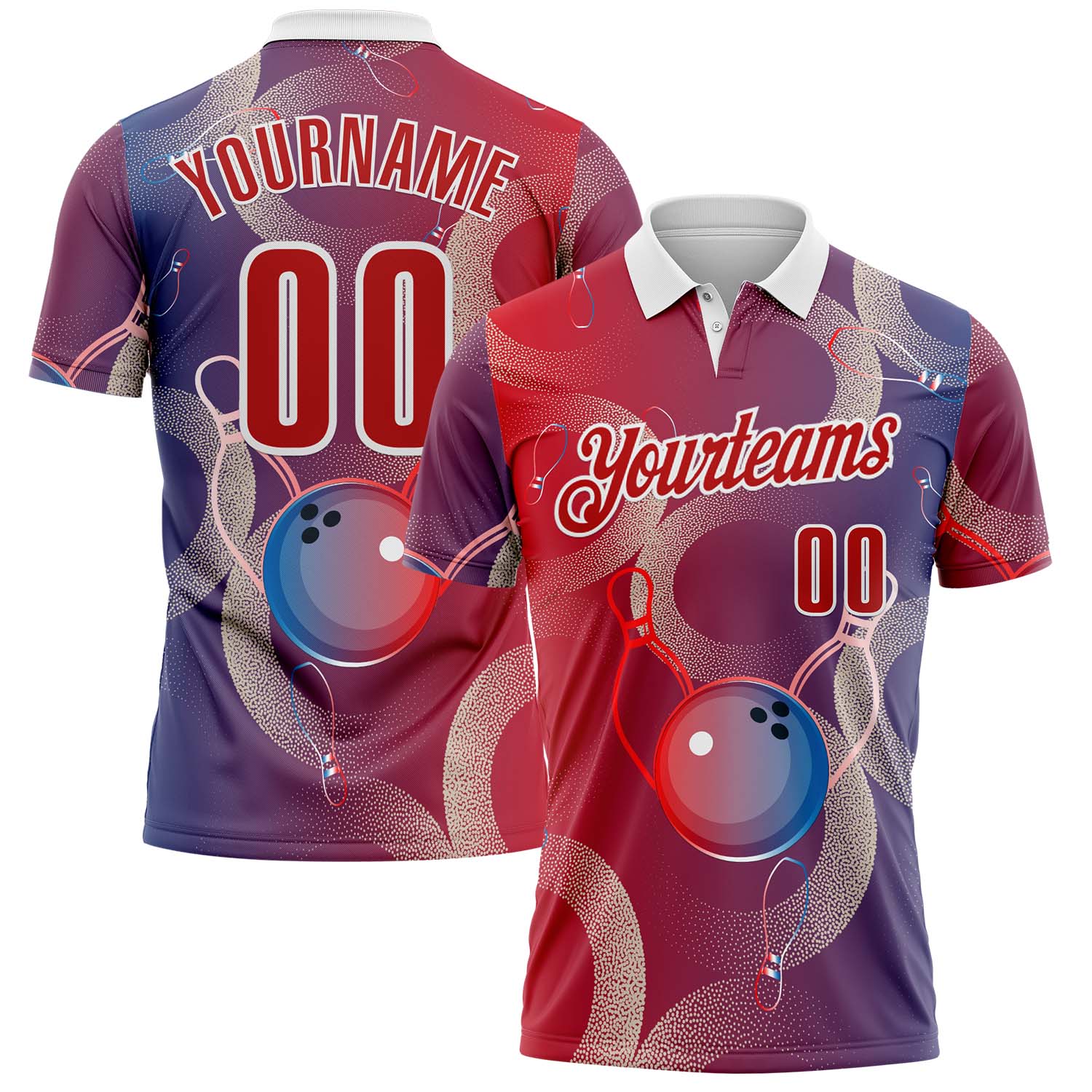 FansIdea Custom Red Blue-White Bowling Retro Abstract Performance Polo Shirt - $19.99 at Proof Eyewear