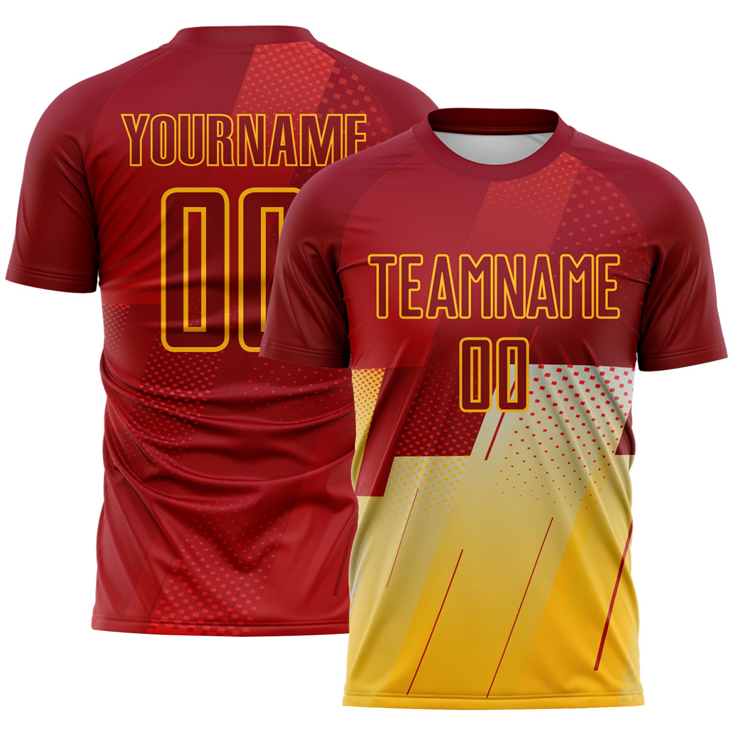 FansIdea Custom Red-Gold Geometric Diagonal Block Halftone Grid Sublimation Soccer Uniform Jersey - $16.99 at Proof Eyewear