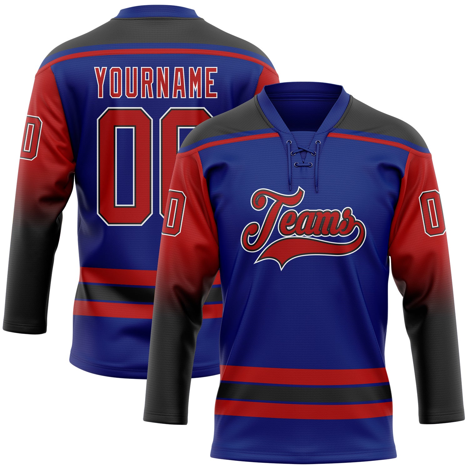 FansIdea Custom Royal Red Black-White Gradient Sleeves Lace Neck Hockey Jersey - $29.99 at Proof Eyewear