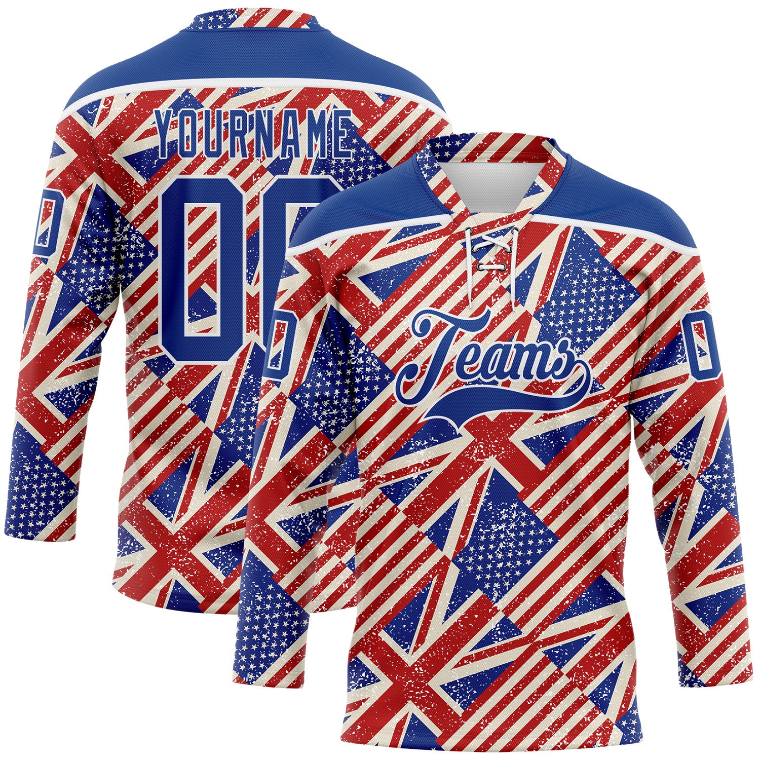 FansIdea Custom Royal Red Cream-White American Flag Grunge Hockey Lace Neck Jersey - $29.99 at Proof Eyewear
