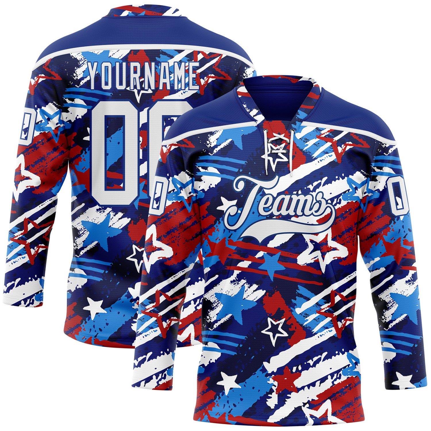 FansIdea Custom Royal White-Red American Flag Hockey Lace Neck Jersey - $29.99 at Proof Eyewear