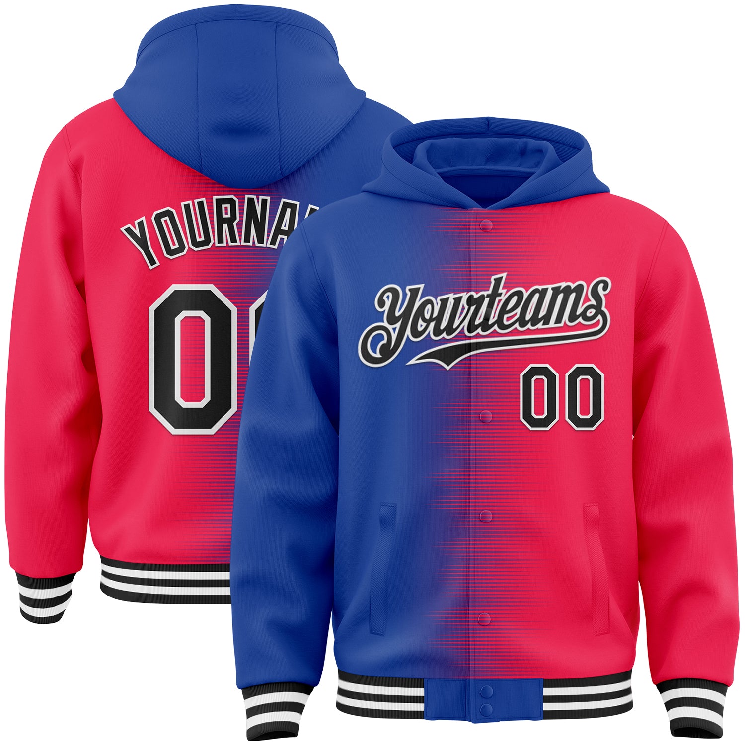 FansIdea Custom Royal Black Red-White Gradient Line Bomber Full-Snap Varsity Letterman Hoodie Jacket - $38.99 at Proof Eyewear