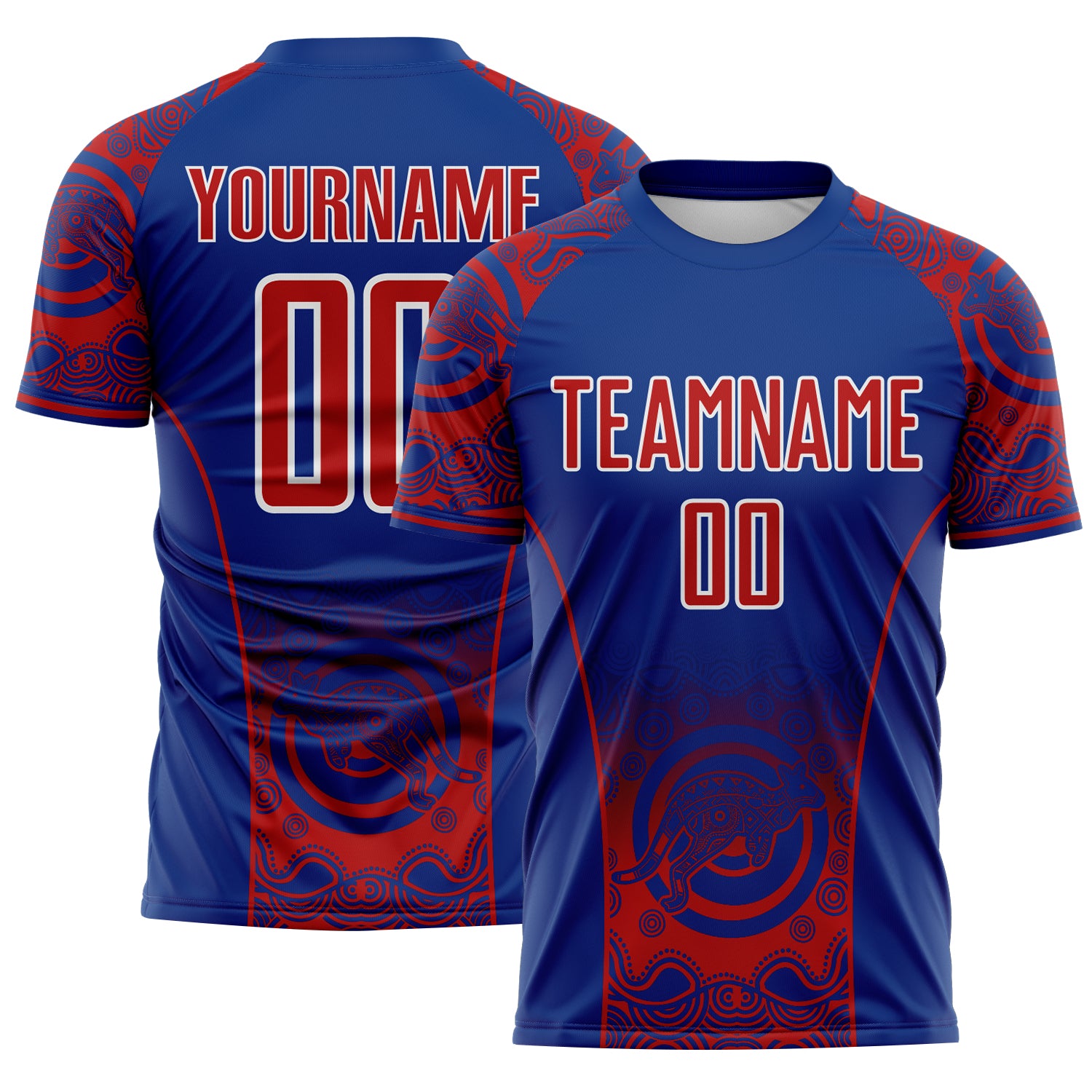 FansIdea Custom Royal Red-White Australia Kangaroo Aboriginal Dot Art Australia Kangaroo Sublimation Soccer Uniform Jersey - $16.99 at Proof Eyewear