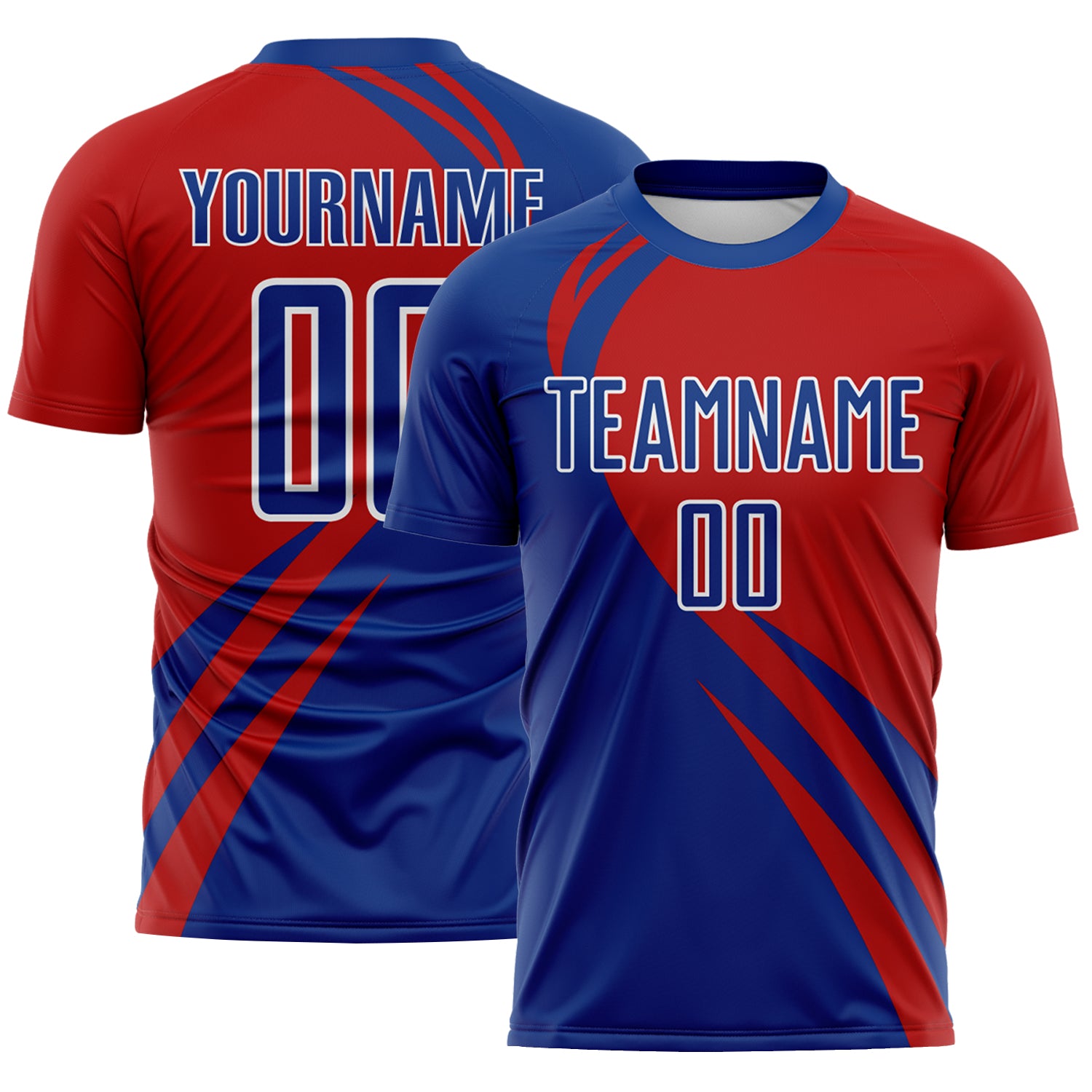 FansIdea Custom Royal Red-White Diagonal Streamline Color Block Swirl Curve Lines Sublimation Soccer Uniform Jersey - $16.99 at Proof Eyewear