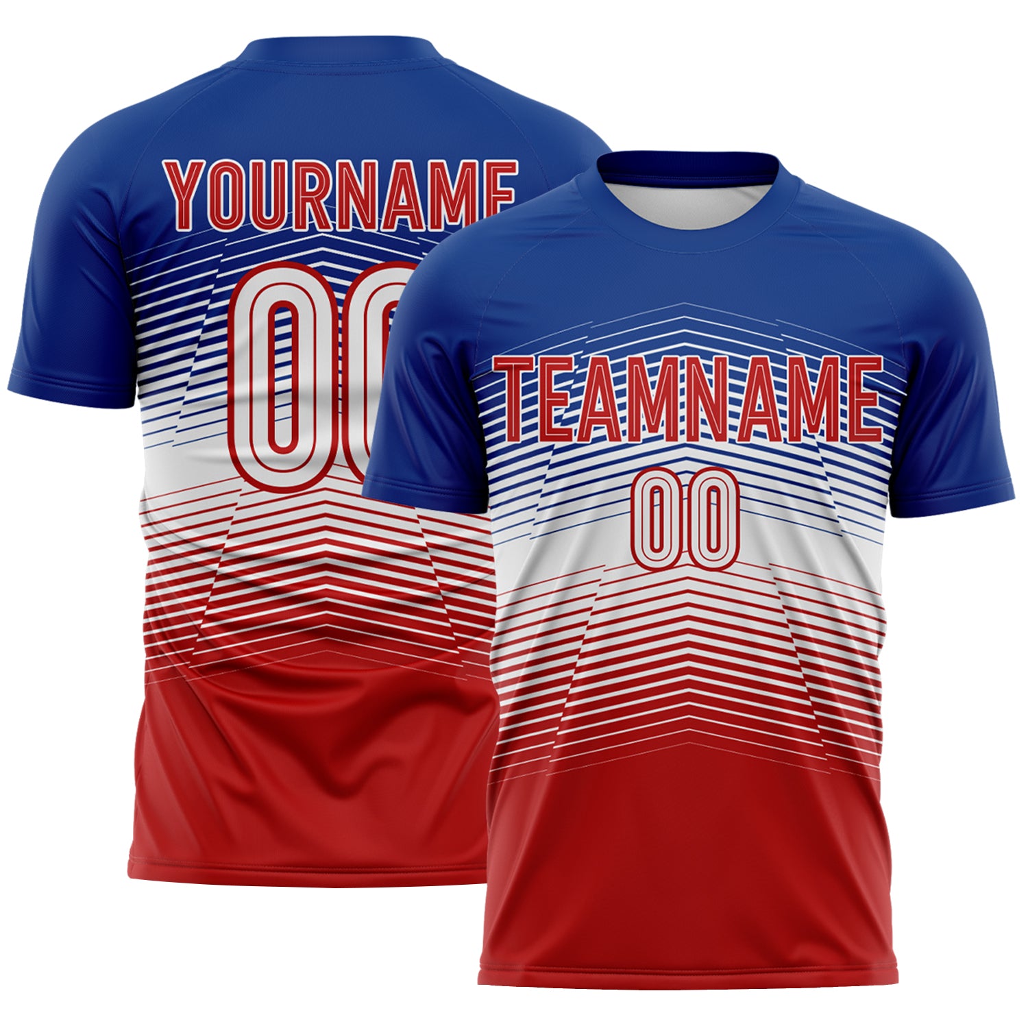 FansIdea Custom Royal White-Red Gradient V Stripe England Style Sublimation Soccer Uniform Jersey - $16.99 at Proof Eyewear