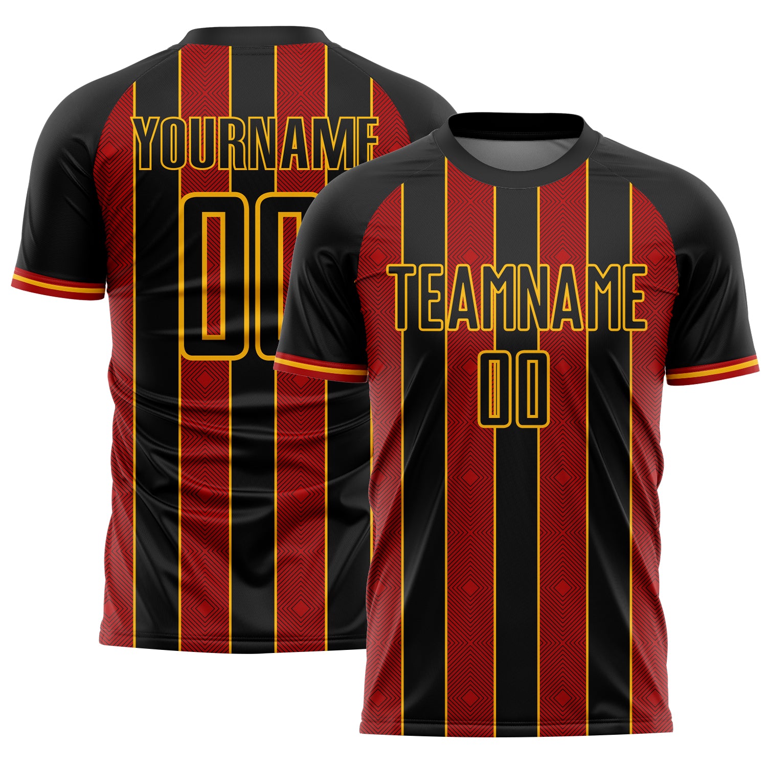 FansIdea Custom Black Red-Gold Pinstripe Line Sports Sublimation Soccer Uniform Jersey - $16.99 at Proof Eyewear