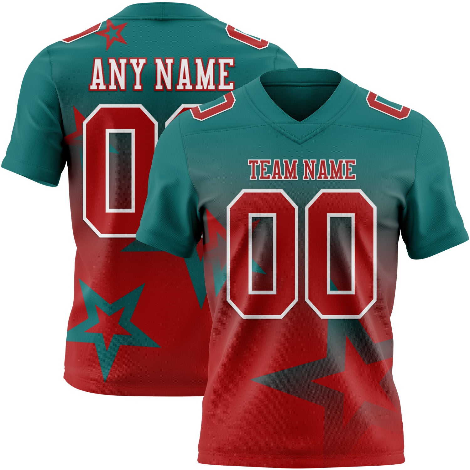 FansIdea Custom Teal Red-White Authentic Gradient Style Twinkle Star Football Jersey - $19.99 at Proof Eyewear