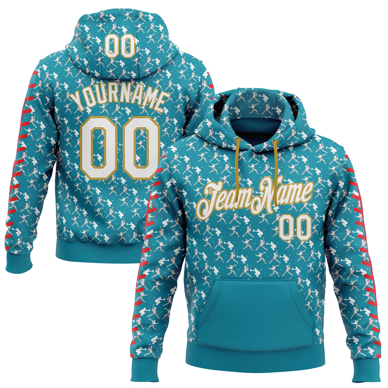 FansIdea Custom Stitched Teal White Red-Old Gold Baseball Game Day Jacksonville Inspired Sports Pullover Sweatshirt Hoodie - $32.99 at Proof Eyewear