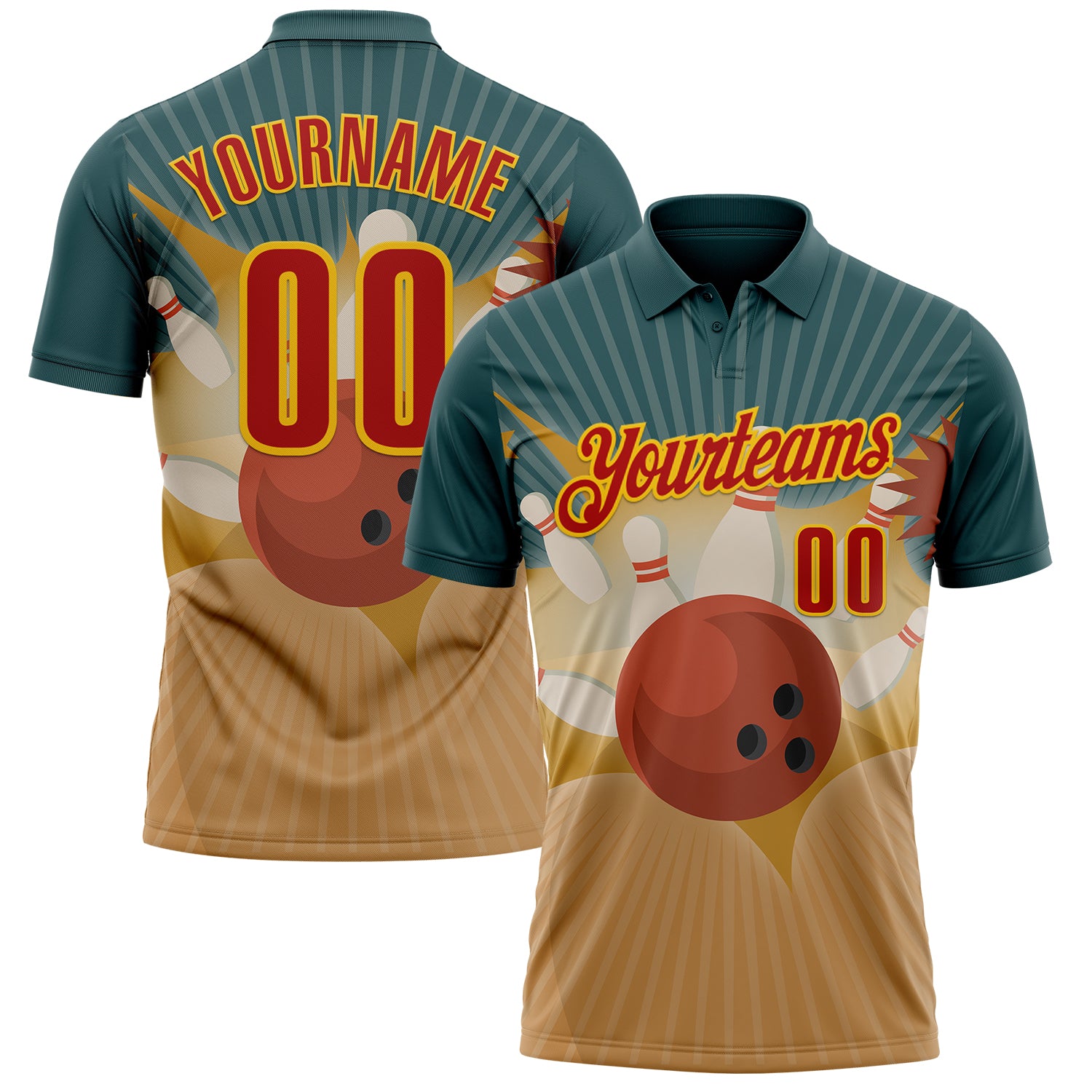 FansIdea Custom Teal Red Old Gold-Yellow Bowling Ball And Pins Strike Performance Polo Shirt - $19.99 at Proof Eyewear