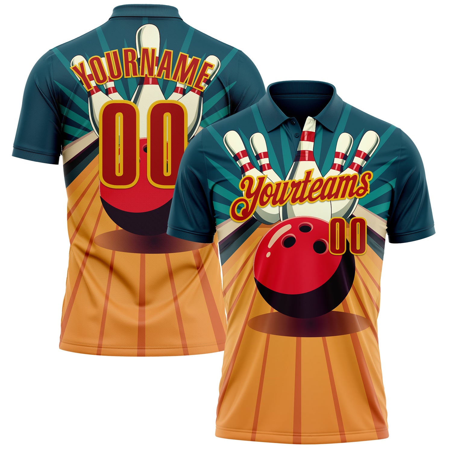 FansIdea Custom Teal Red-Yellow Bowling Ball And Pins Strike Performance Polo Shirt - $19.99 at Proof Eyewear