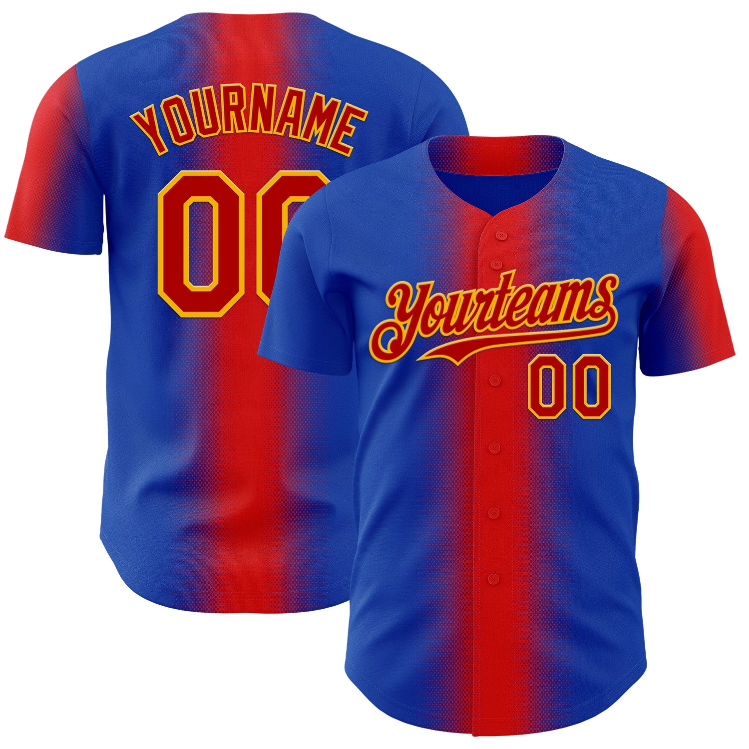 FansIdea Custom Thunder Blue Red-Gold Geometric Patchwork Asymmetry Gradient Authentic Baseball Jersey - $29.99 at Proof Eyewear