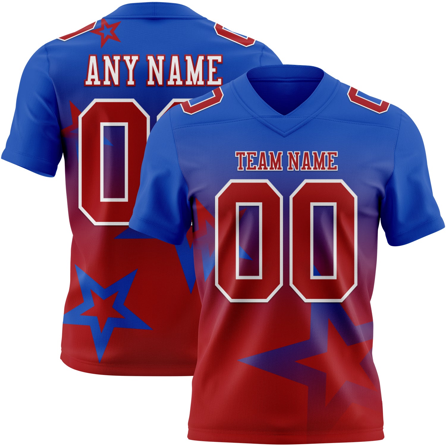 FansIdea Custom Thunder Blue Red-White Authentic Gradient Style Twinkle Star Football Jersey - $19.99 at Proof Eyewear