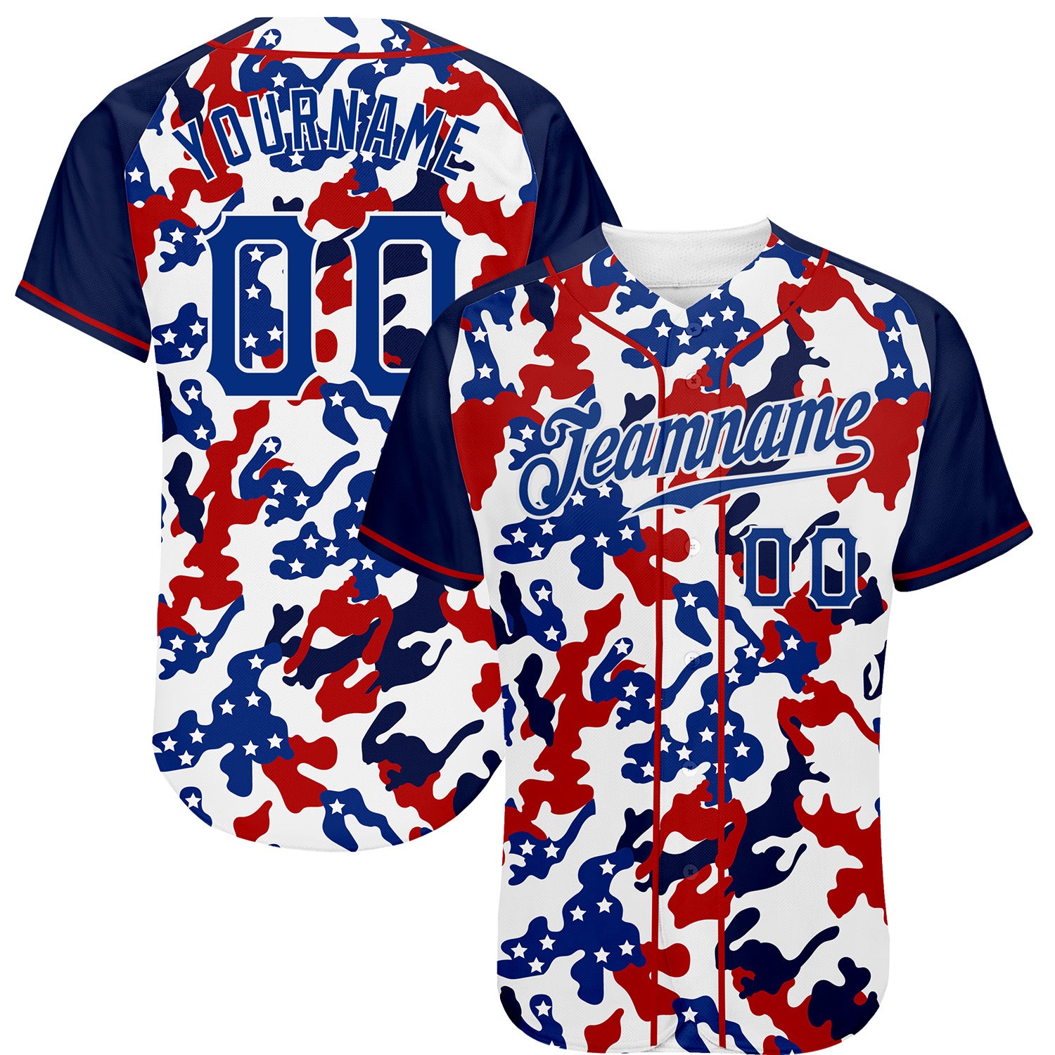 FansIdea Custom White Royal Red-Navy Camo American Flag Patriotic Raglan Sleeves Authentic Baseball Jersey - $29.99 at Proof Eyewear