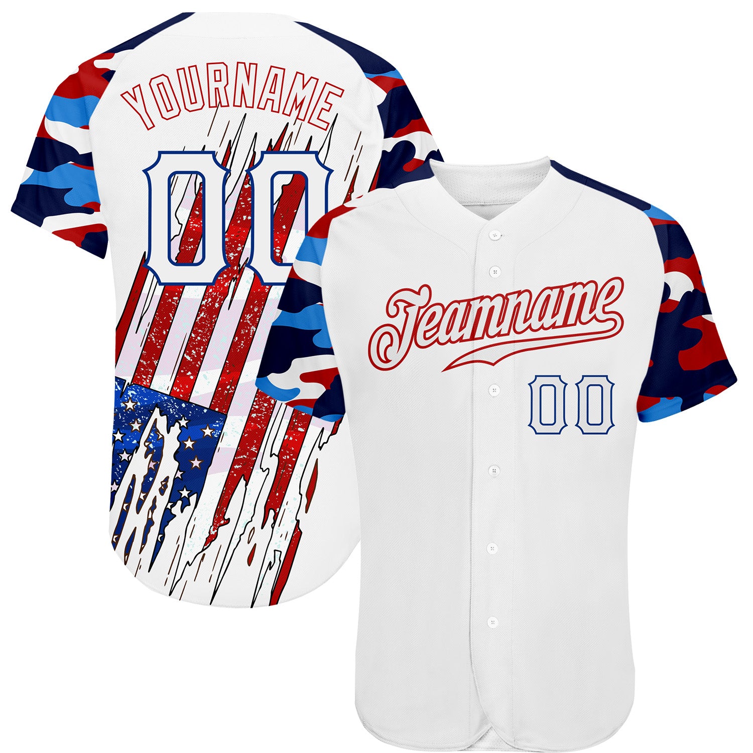 FansIdea Custom White Red-Royal Patriotic American Flag Camo Raglan Sleeves Authentic Baseball Jersey - $29.99 at Proof Eyewear