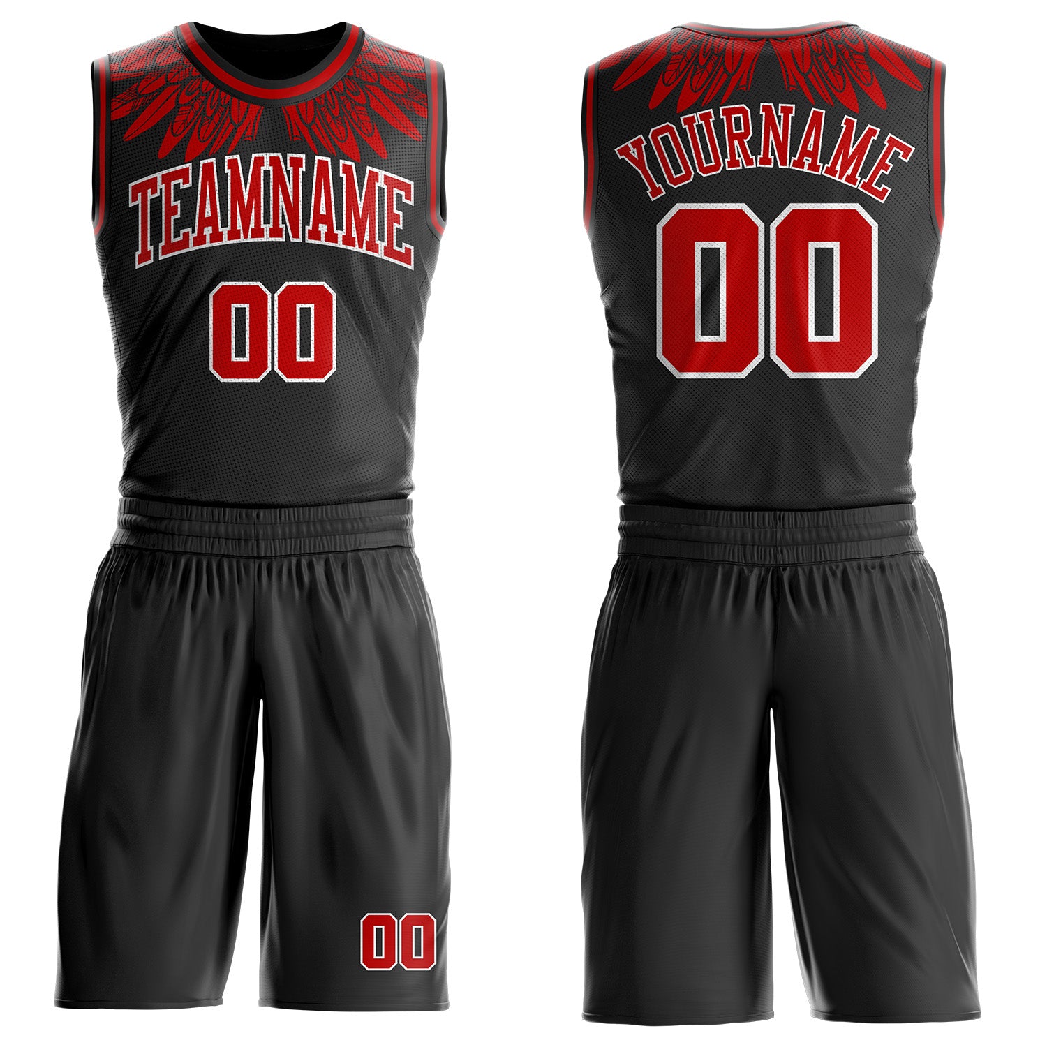 FansIdea Custom Black Red-White Feather Wing Boho Style Round Neck Sublimation Basketball Uniform Jersey - $25.99 at Proof Eyewear