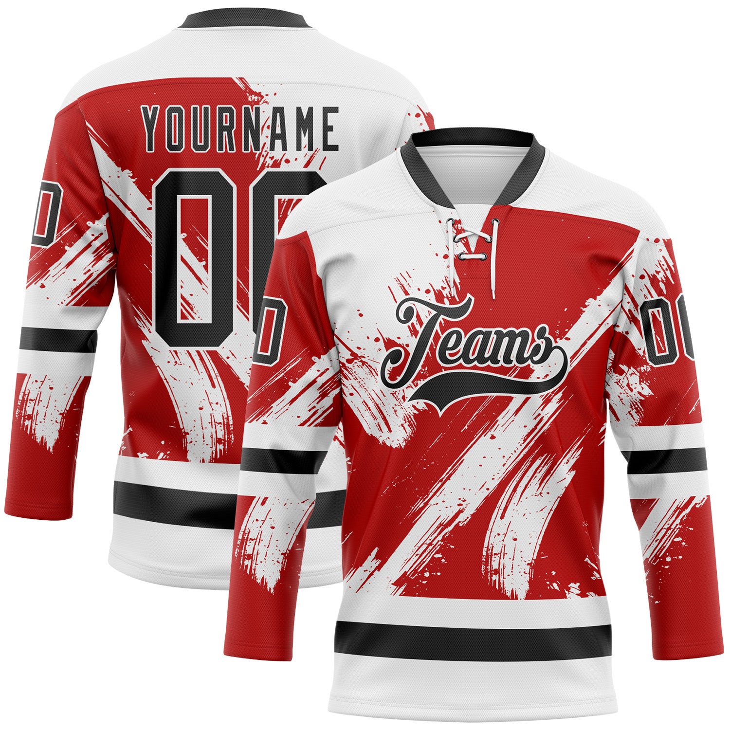 FansIdea Custom White Black-Red Abstract Splatter Paint Hockey Lace Neck Jersey - $29.99 at Proof Eyewear