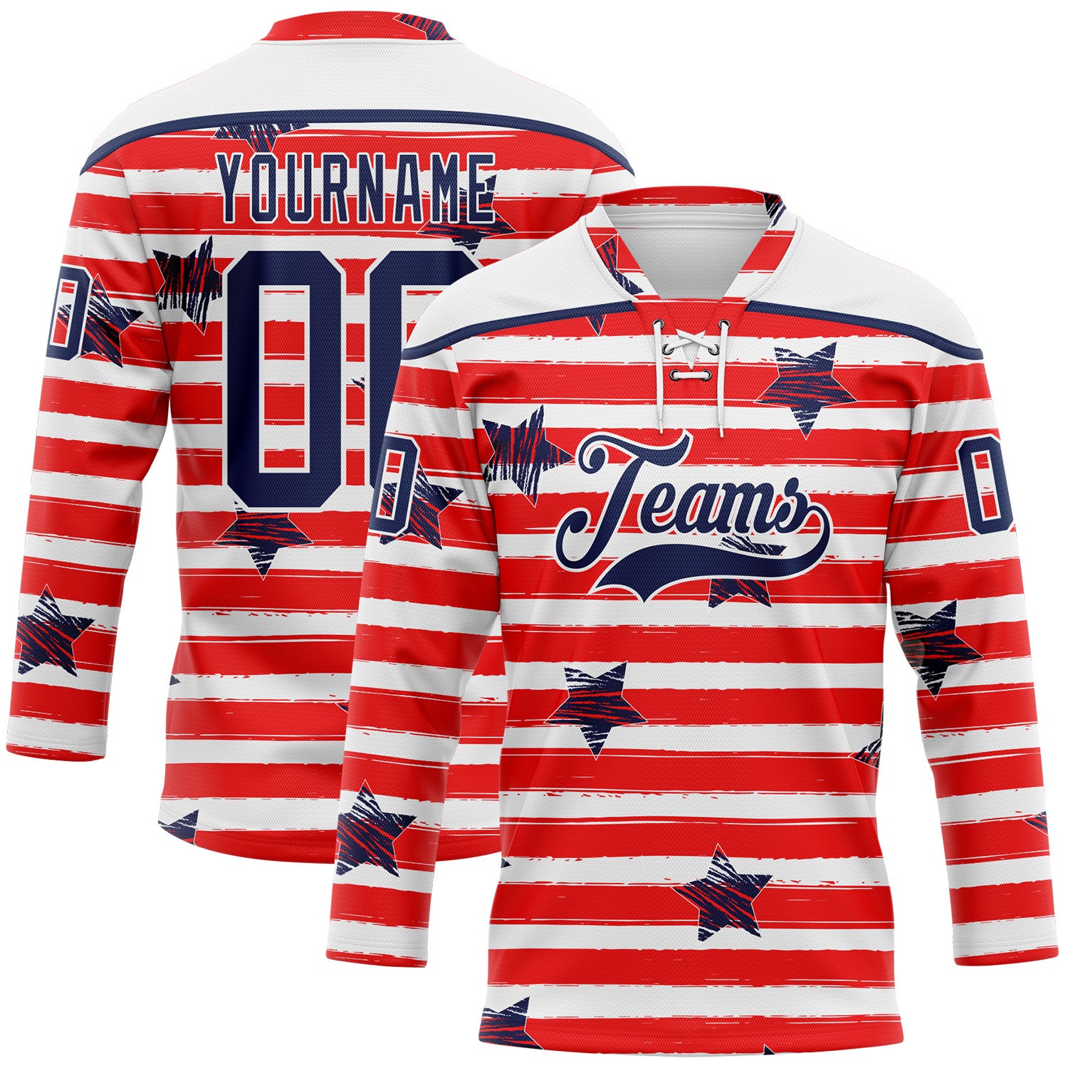 FansIdea Custom White Navy Red-White American Flag Hockey Lace Neck Jersey - $29.99 at Proof Eyewear