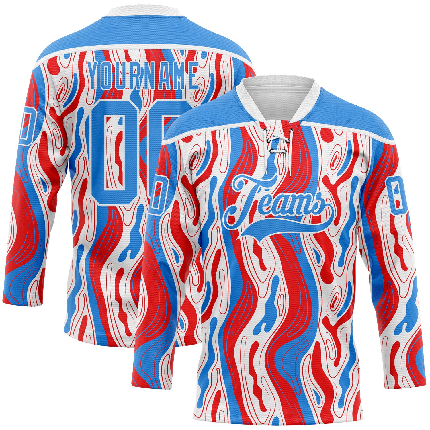 FansIdea Custom White Powder Blue-Red American Flag Hockey Lace Neck Jersey - $29.99 at Proof Eyewear