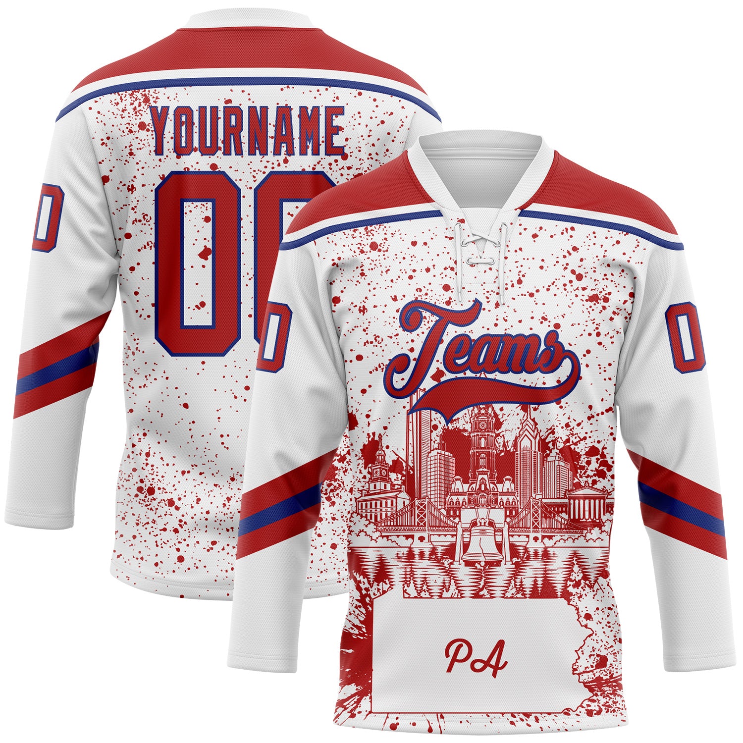 FansIdea Custom White Red-Royal Philadelphia PA City Skyline State Pride Paint Splatter Lace Neck Hockey Jersey - $29.99 at Proof Eyewear