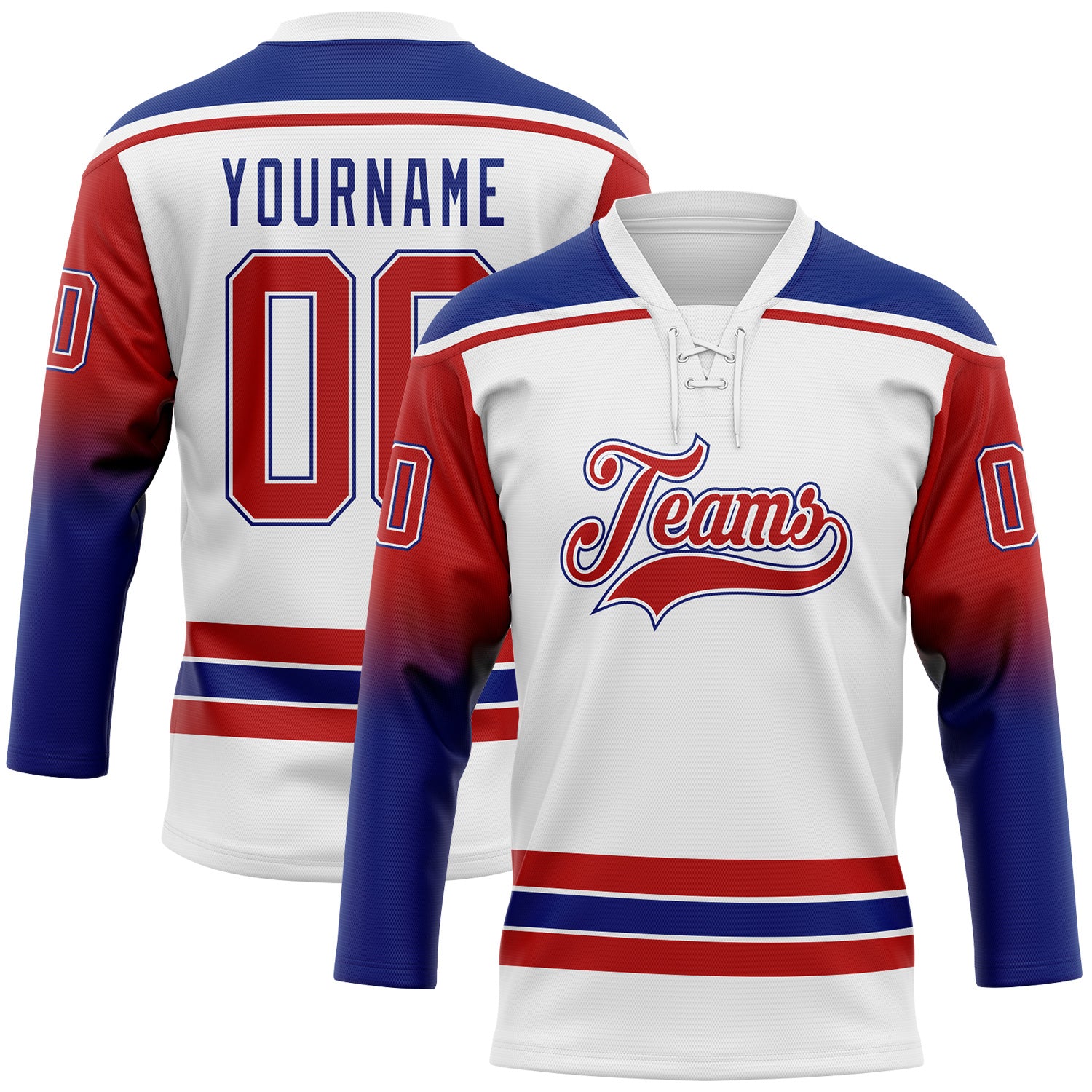 FansIdea Custom White Red-Royal Gradient Sleeves Lace Neck Hockey Jersey - $29.99 at Proof Eyewear