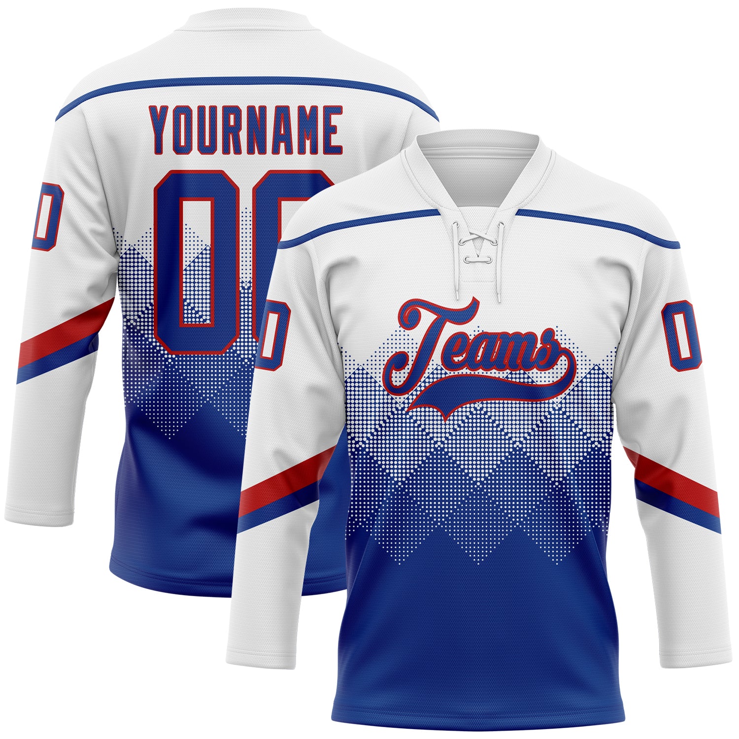 FansIdea Custom White Royal-Red 3D Pattern Gradient Square Shapes Hockey Lace Neck Jersey - $29.99 at Proof Eyewear