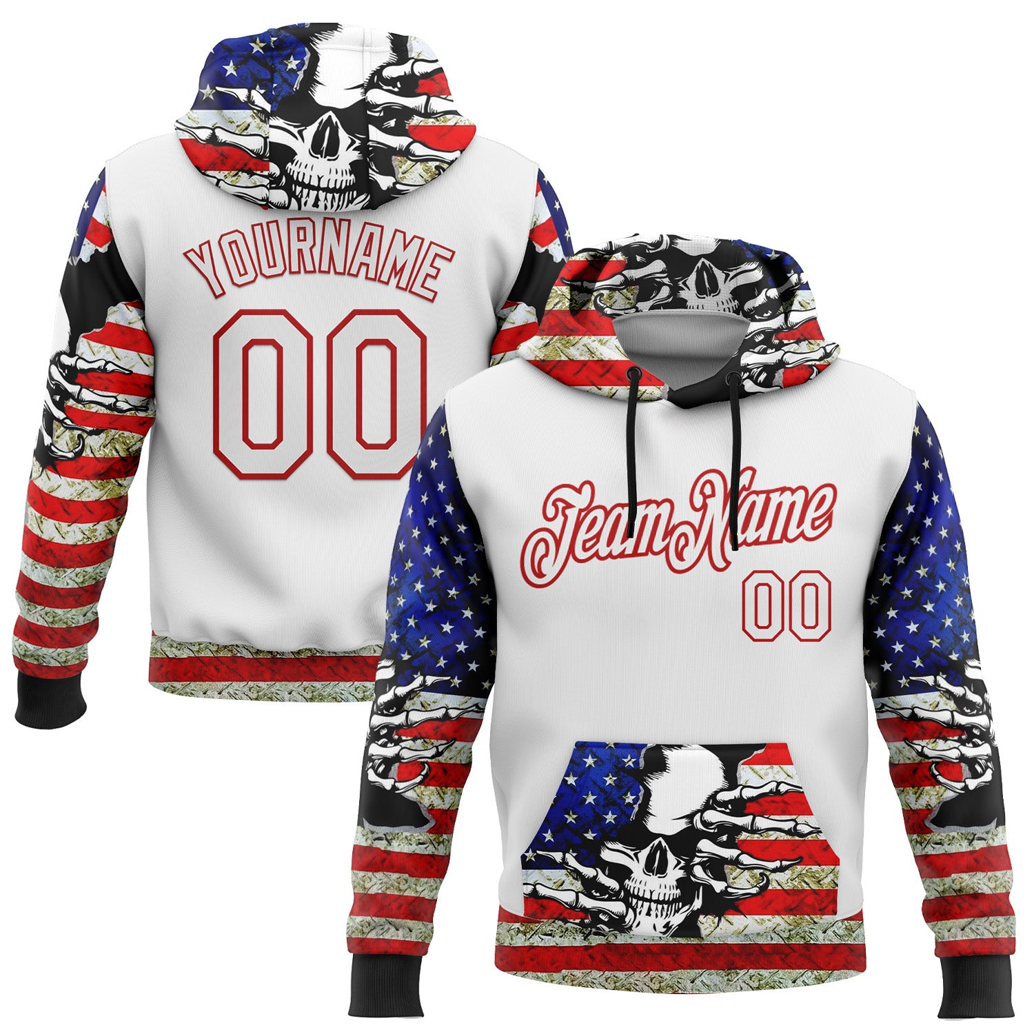 FansIdea Custom White Red 3D Skull American Flag Grunge Art Sports Pullover Sweatshirt Hoodie - $32.99 at Proof Eyewear