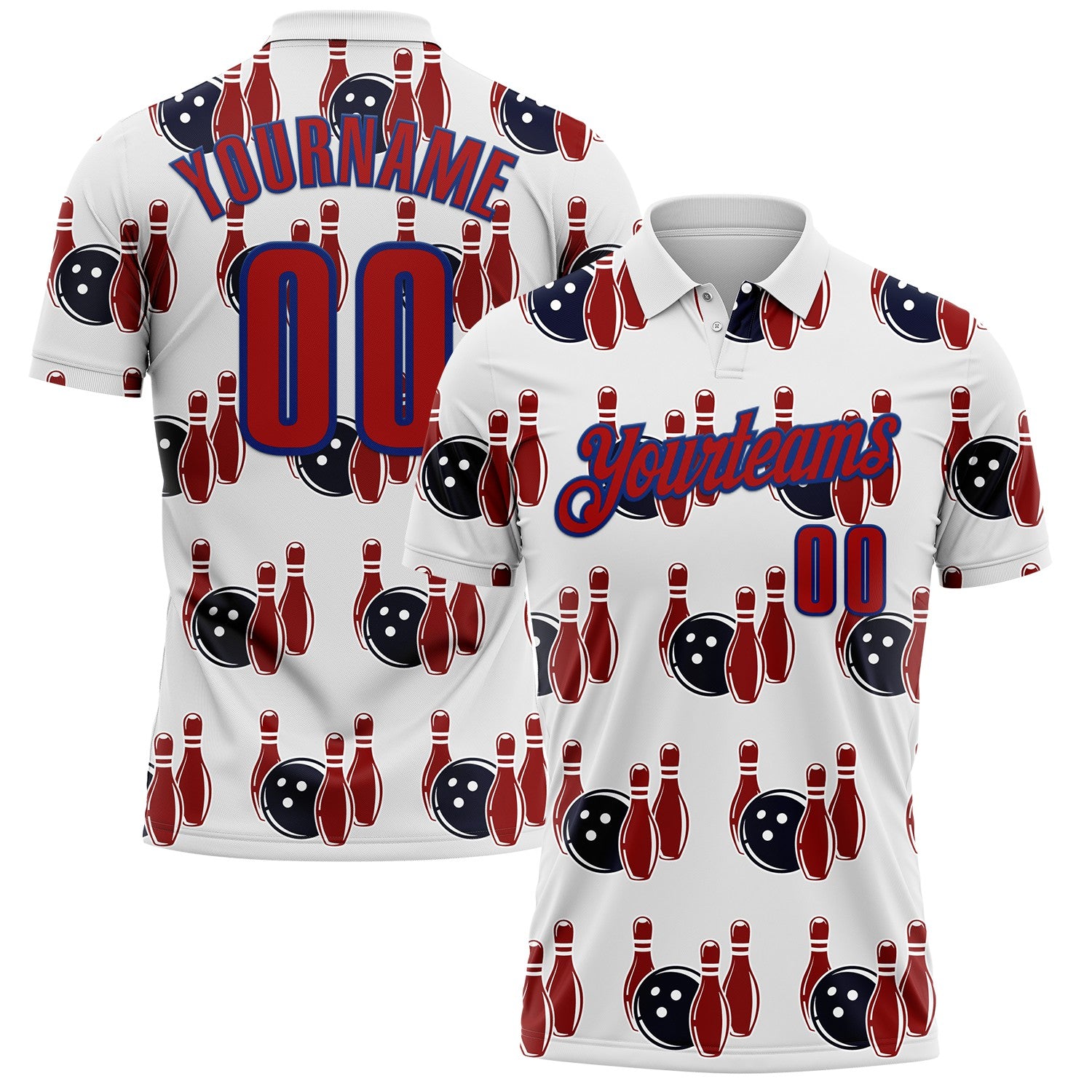 FansIdea Custom White Red-Royal Bowling Ball And Pins Strike Performance Polo Shirt - $19.99 at Proof Eyewear