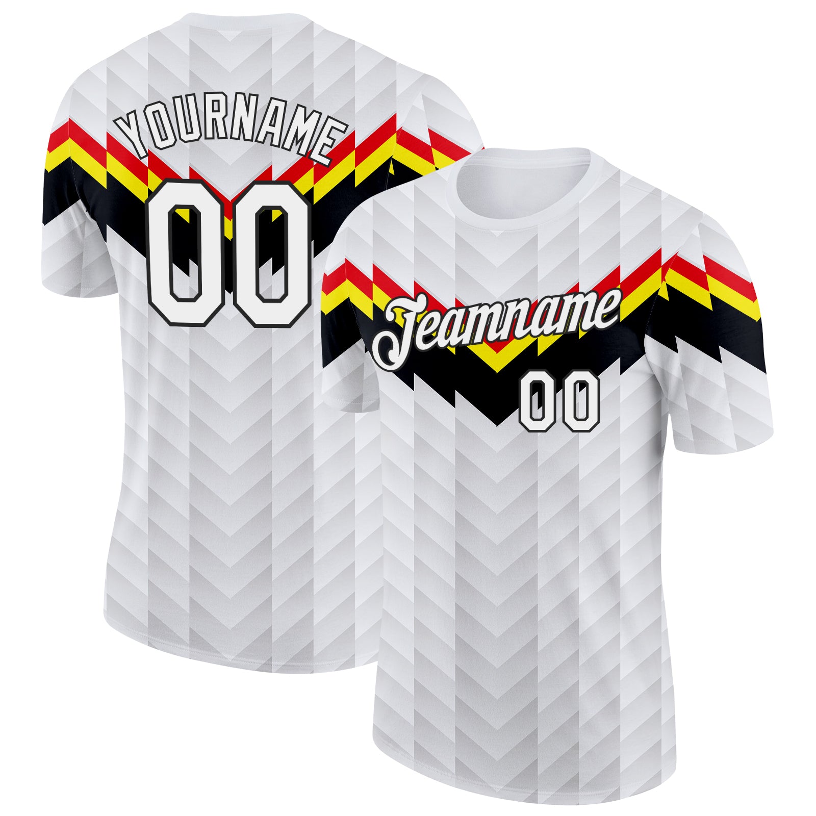 FansIdea Custom White Red Yellow Black-Gray Germany Arrow Soccer Jersey Performance T-Shirt - $14.99 at Proof Eyewear