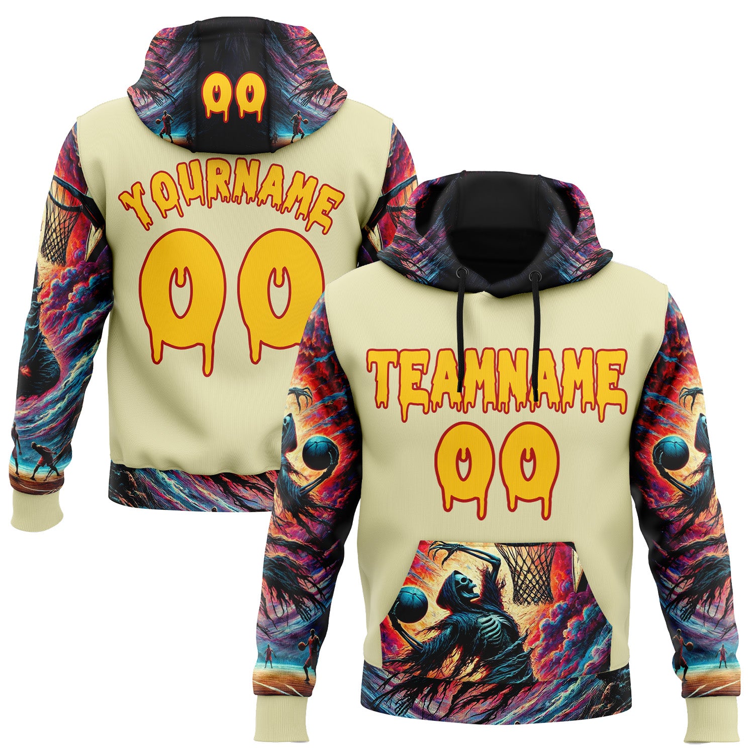 FansIdea Custom Yellow Red 3D Skull Basketball Player Sports Pullover Sweatshirt Hoodie - $32.99 at Proof Eyewear