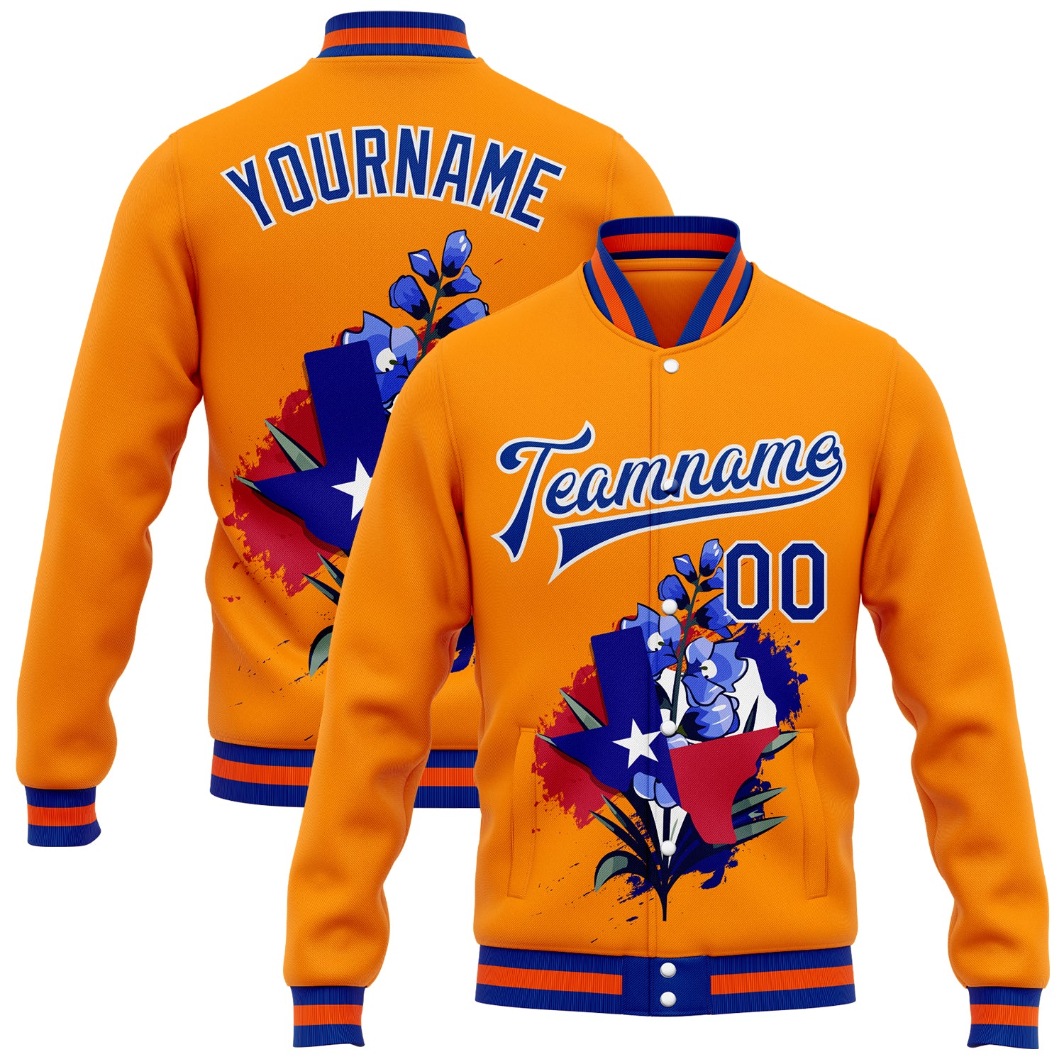 FansIdea Custom Bay Orange Royal-White Texas State Flower Bluebonnet Bomber Full-Snap Varsity Letterman Jacket - $38.99 at Proof Eyewear