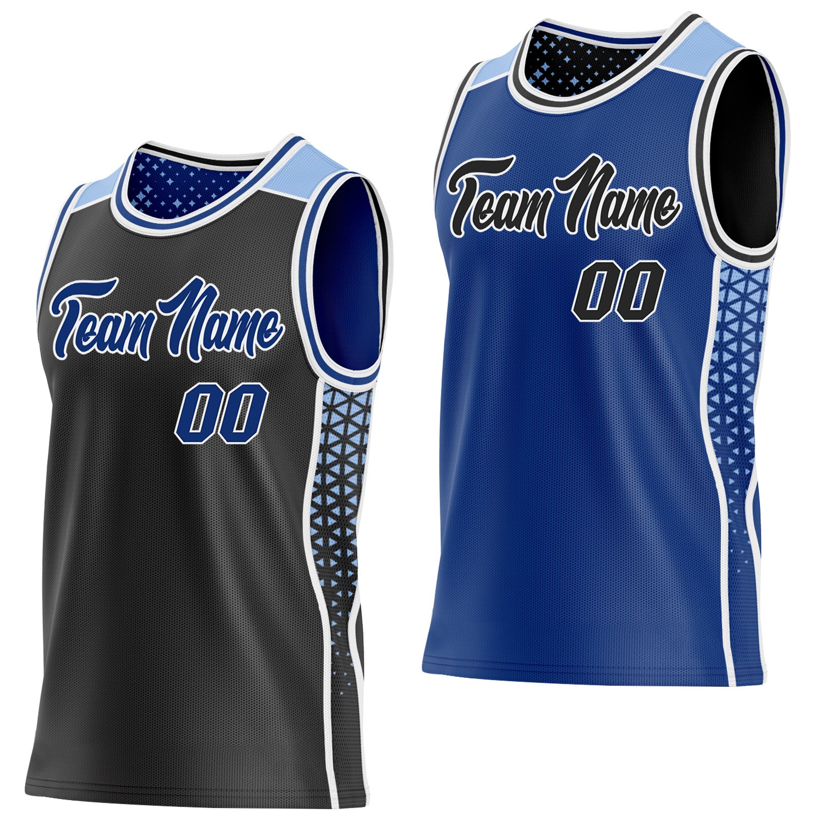 FansIdea Custom Black Royal White-Light Blue Side Panel Stripe Geometric Triangle Gradient Dot Reversible Double Side Sublimation Basketball Set Jersey - $17.99 at Proof Eyewear