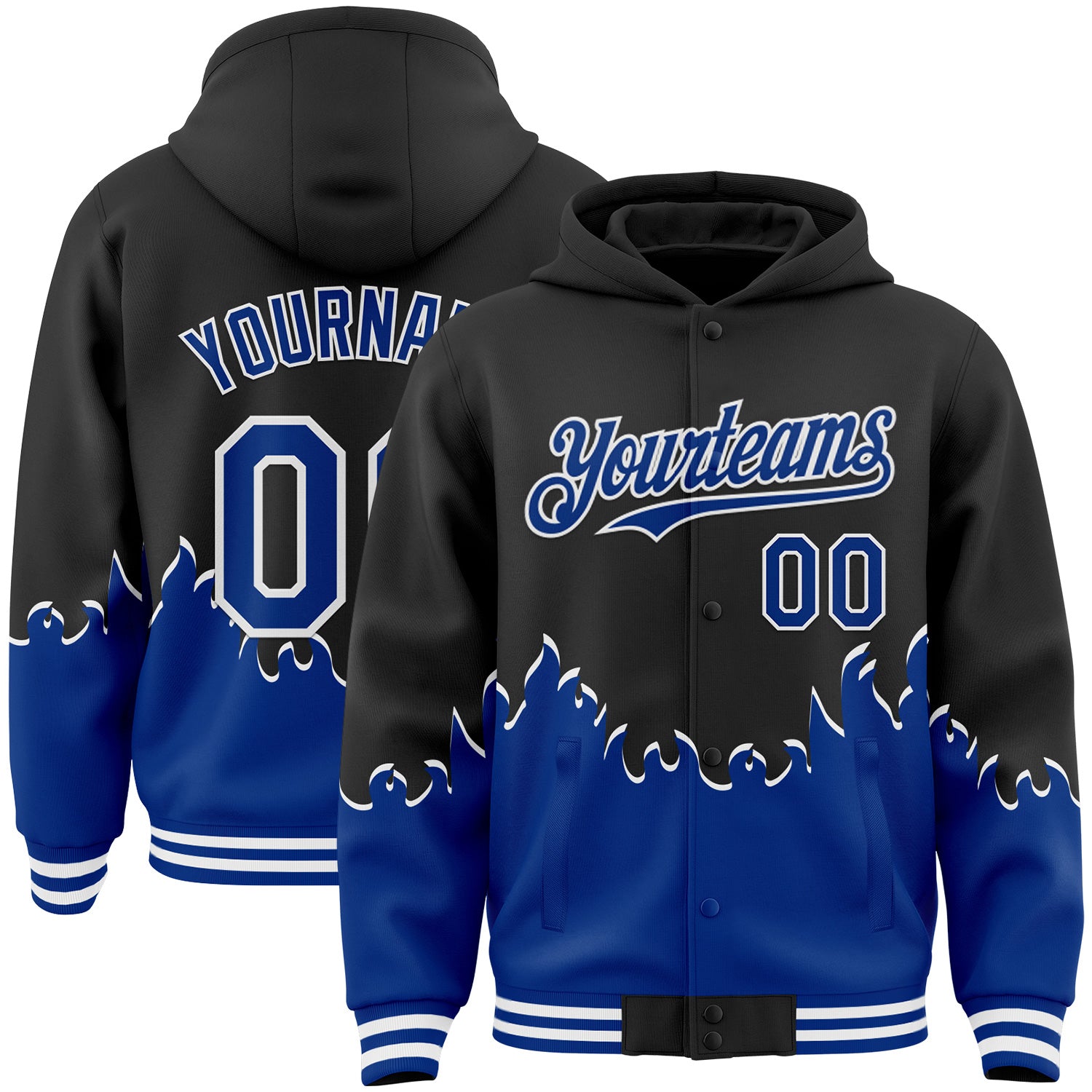 FansIdea Custom Black Royal-White Fire Flame Bomber Full-Snap Varsity Letterman Hoodie Jacket - $38.99 at Proof Eyewear