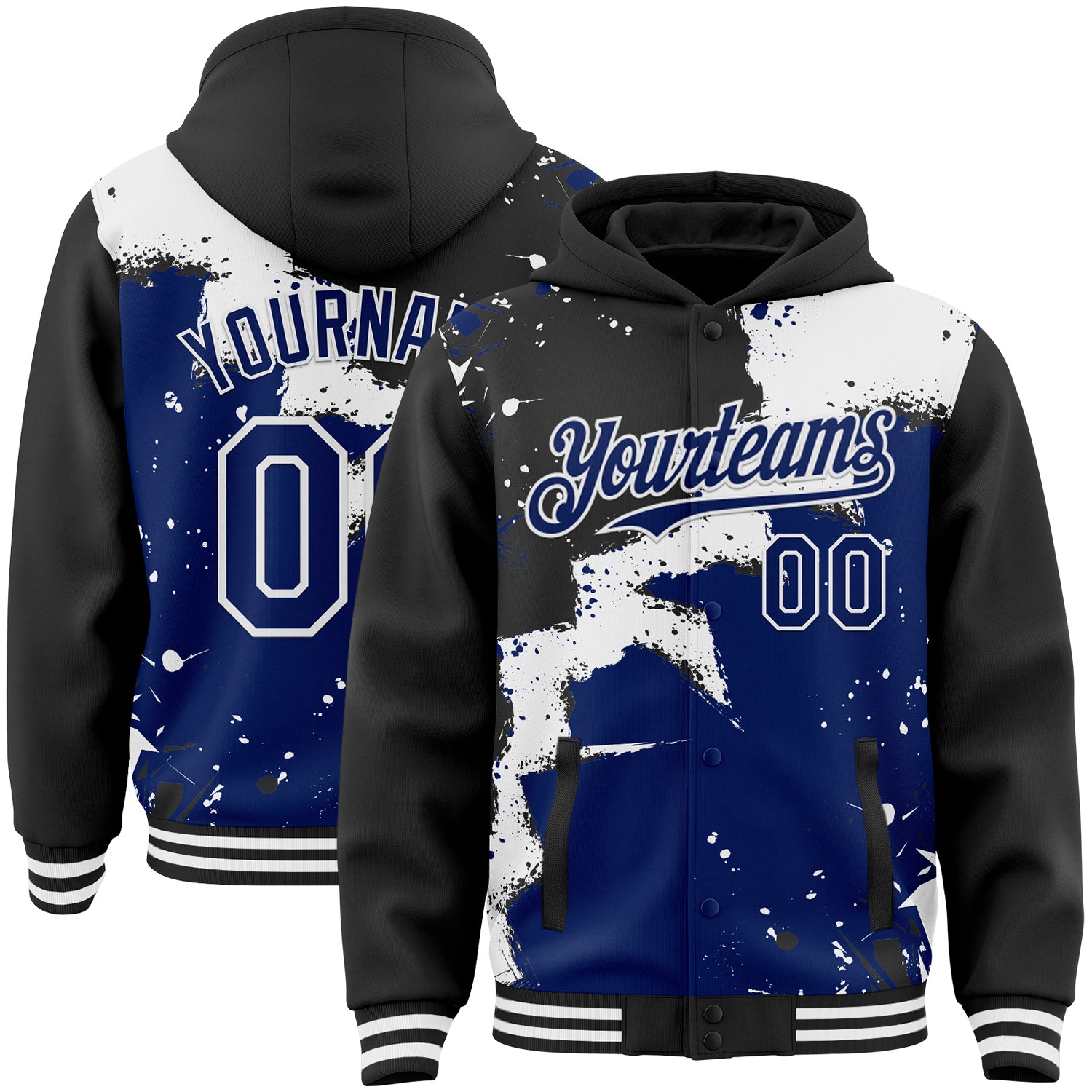 FansIdea Custom Black Royal-White Torn Paper Style Paint Splatter Bomber Full-Snap Varsity Letterman Hoodie Jacket - $38.99 at Proof Eyewear