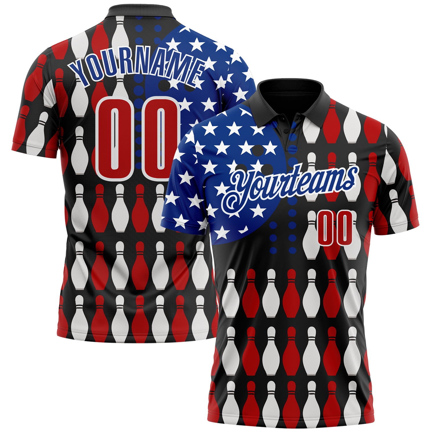 FansIdea Custom Black Red White-Royal Patriotic American Flag Bowling Ball And Pins Performance Polo Shirt - $19.99 at Proof Eyewear