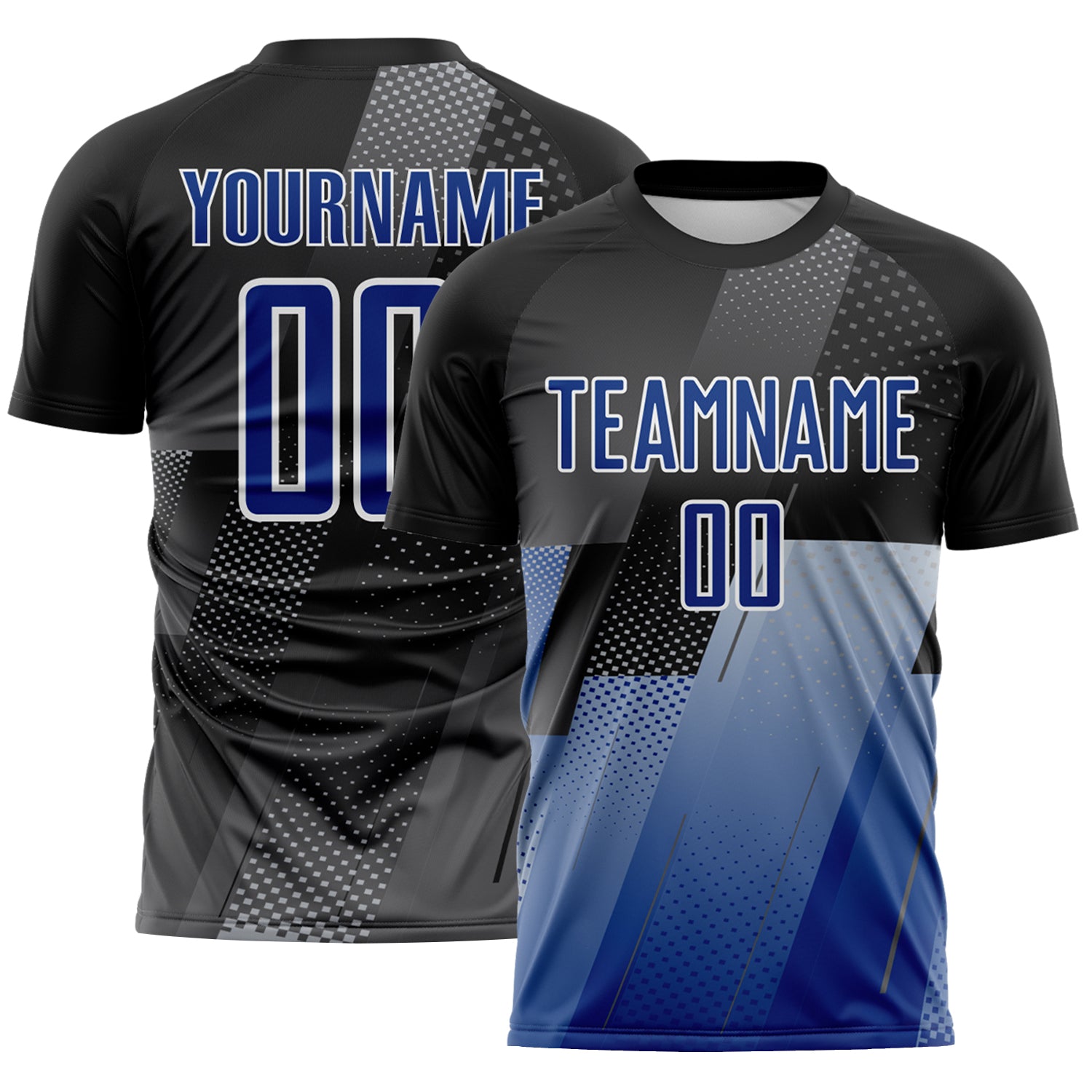 FansIdea Custom Black Royal Gray-White Geometric Diagonal Block Halftone Grid Sublimation Soccer Uniform Jersey - $16.99 at Proof Eyewear