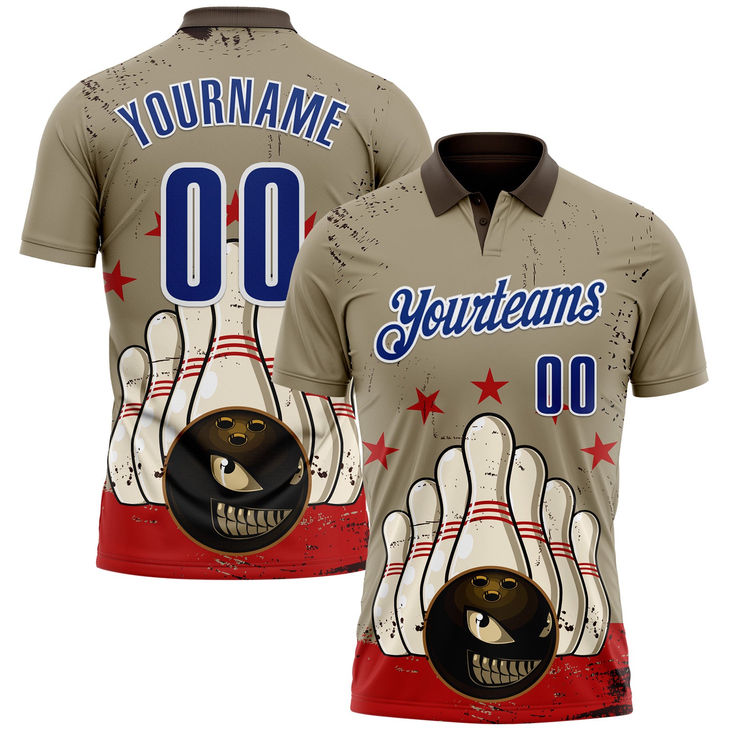 FansIdea Custom Brown Royal-White Bowling Ball And Pins Strike American Inspired Performance Polo Shirt - $19.99 at Proof Eyewear