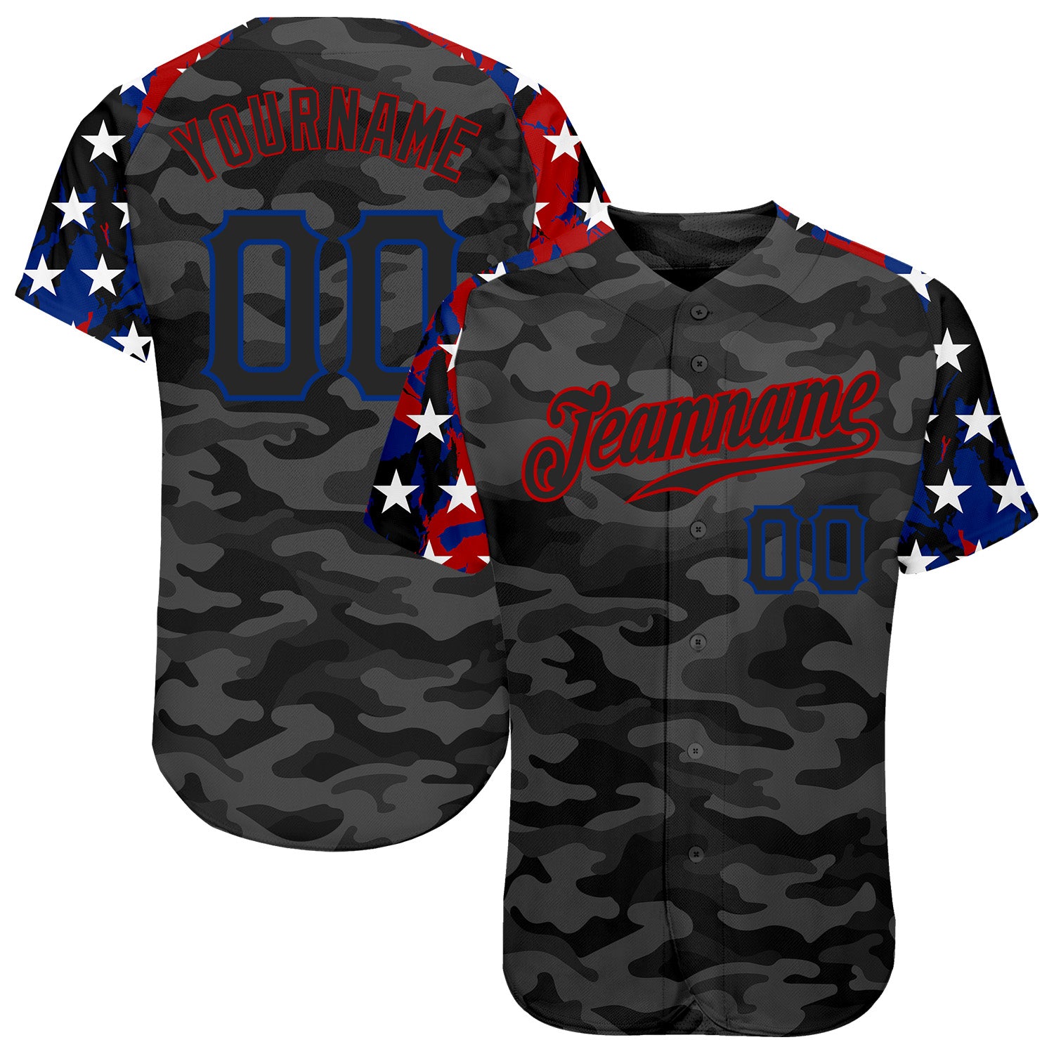 FansIdea Custom Camo Black Royal-Red American Flag Star Raglan Sleeves Patriotic Authentic Baseball Jersey - $29.99 at Proof Eyewear