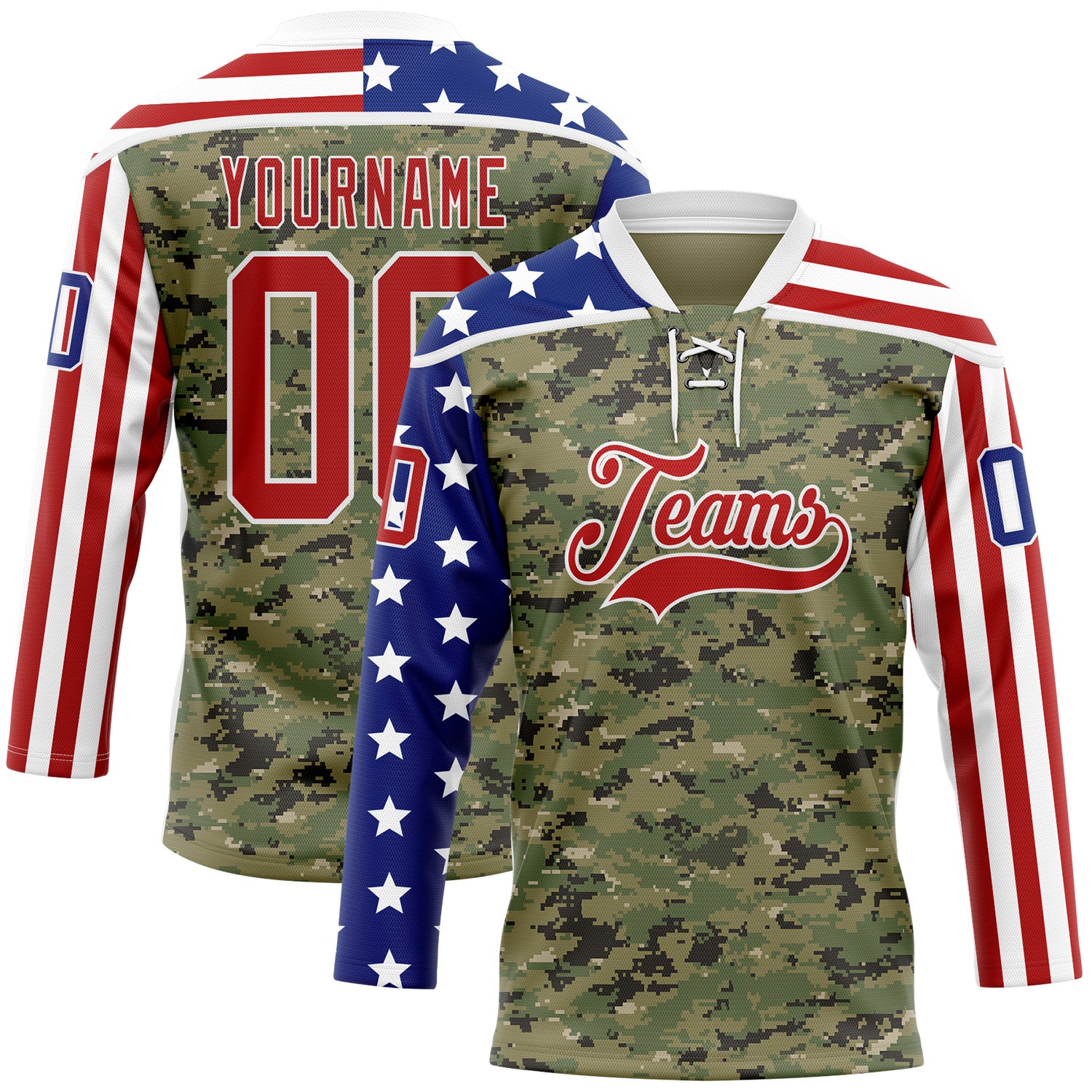 FansIdea Custom Camo Red Royal-White American Flag Camouflage Hockey Lace Neck Jersey - $29.99 at Proof Eyewear