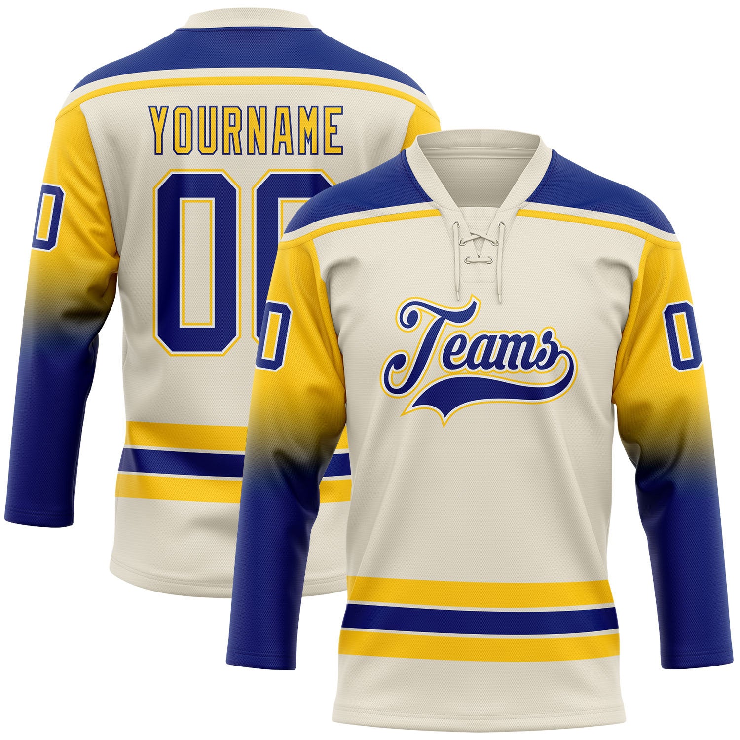 FansIdea Custom Cream Royal Yellow-White Gradient Sleeves Lace Neck Hockey Jersey - $29.99 at Proof Eyewear