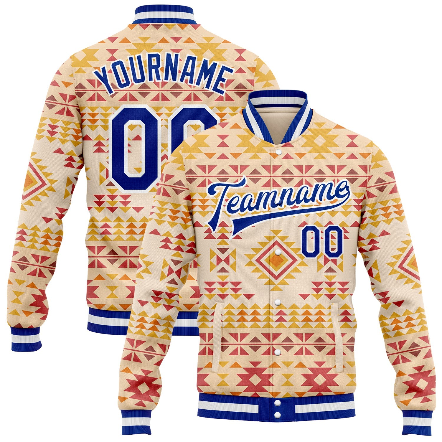 FansIdea Custom Cream Royal-White Southwestern Geometric Aztec Bomber Full-Snap Varsity Letterman Jacket - $38.99 at Proof Eyewear