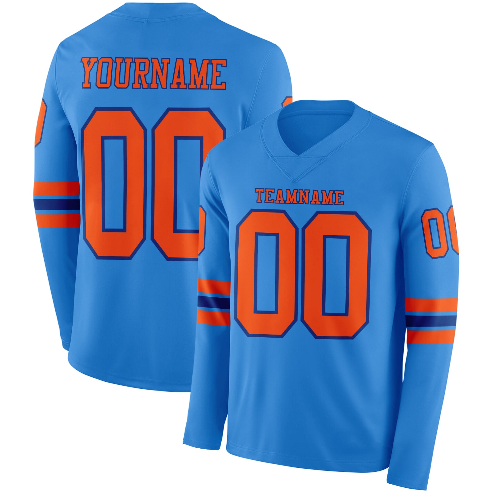 FansIdea Custom Powder Blue Orange-Royal Long Sleeve Authentic Football Jersey - $24.99 at Proof Eyewear