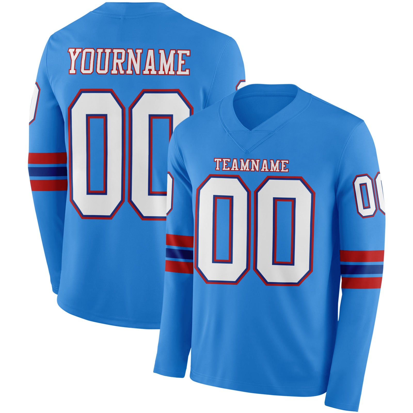 FansIdea Custom Powder Blue White Royal-Red Long Sleeve Authentic Football Jersey - $24.99 at Proof Eyewear