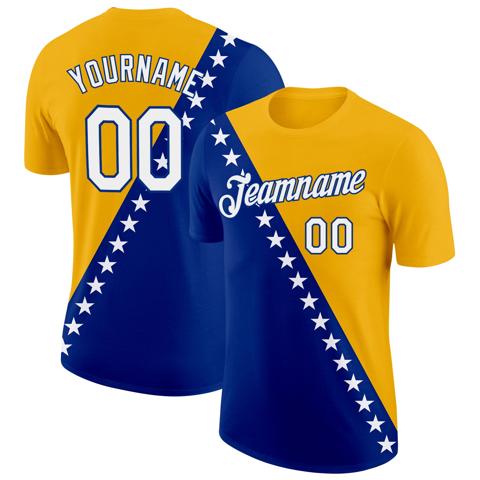 FansIdea Custom Gold White-Royal Bosnia And Herzegovina Star Soccer Jersey Performance T-Shirt - $14.99 at Proof Eyewear
